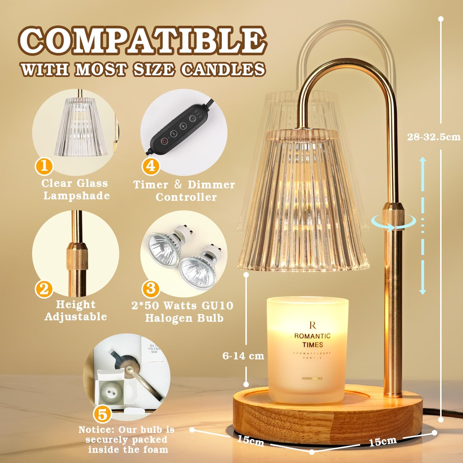 Vicloon Lampe Chauffe-Bougie Électrique - Candle Warmer Vintage Avec Minuterie, Variateur, 2 Ampoules, Hauteur Réglable