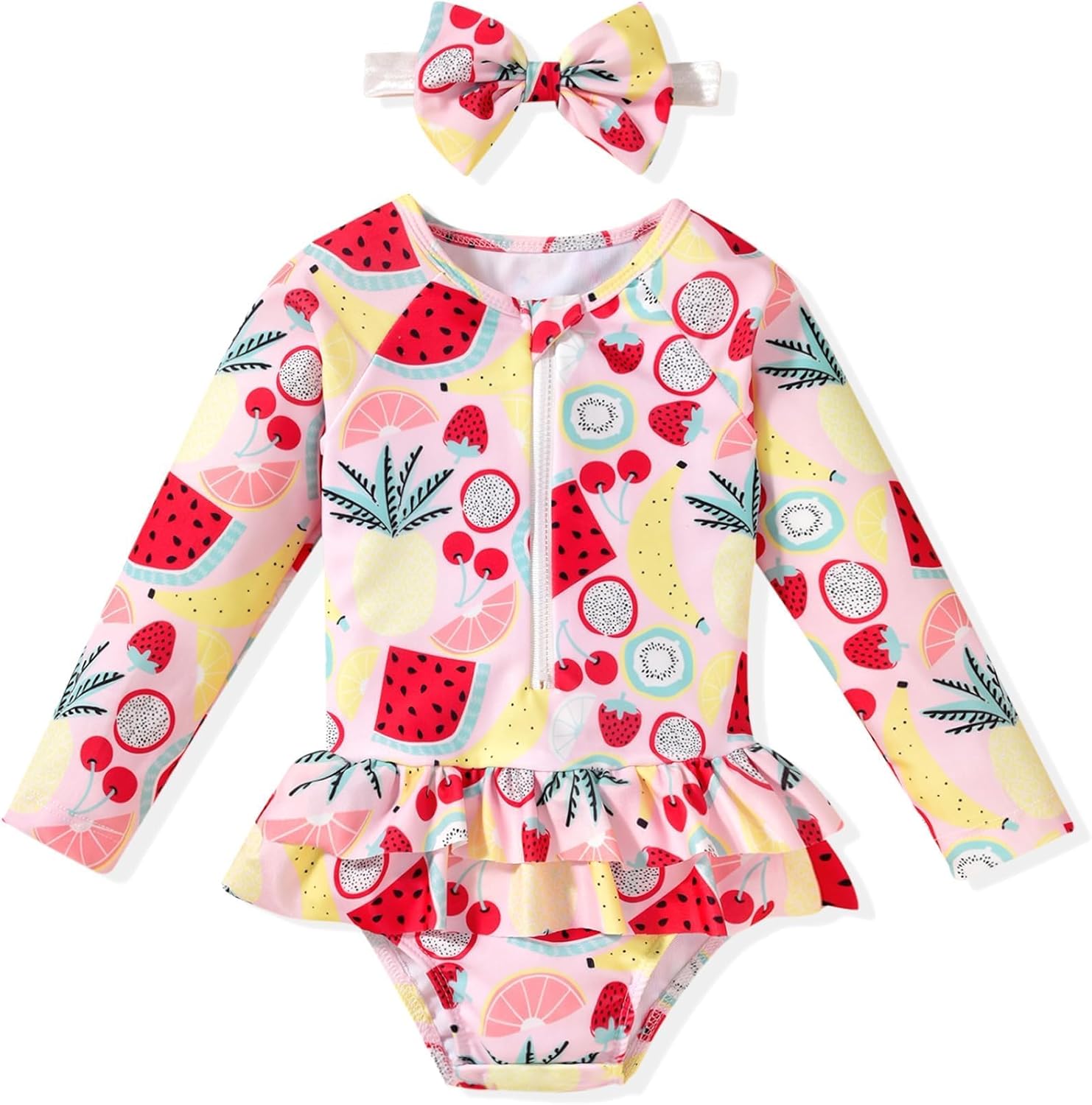 HIHA Toddler Baby Girl One Piece Zip Up Long Sleeve Swimsuit Rashguard Set with Headband