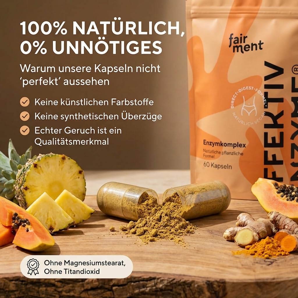 fairment EffektivEnzyme - Premium Enzyme-Komplex mit Bromelain, Sango Meereskoralle, Laktase, Papain | Enzyme vegan | 1x 60 Kapseln