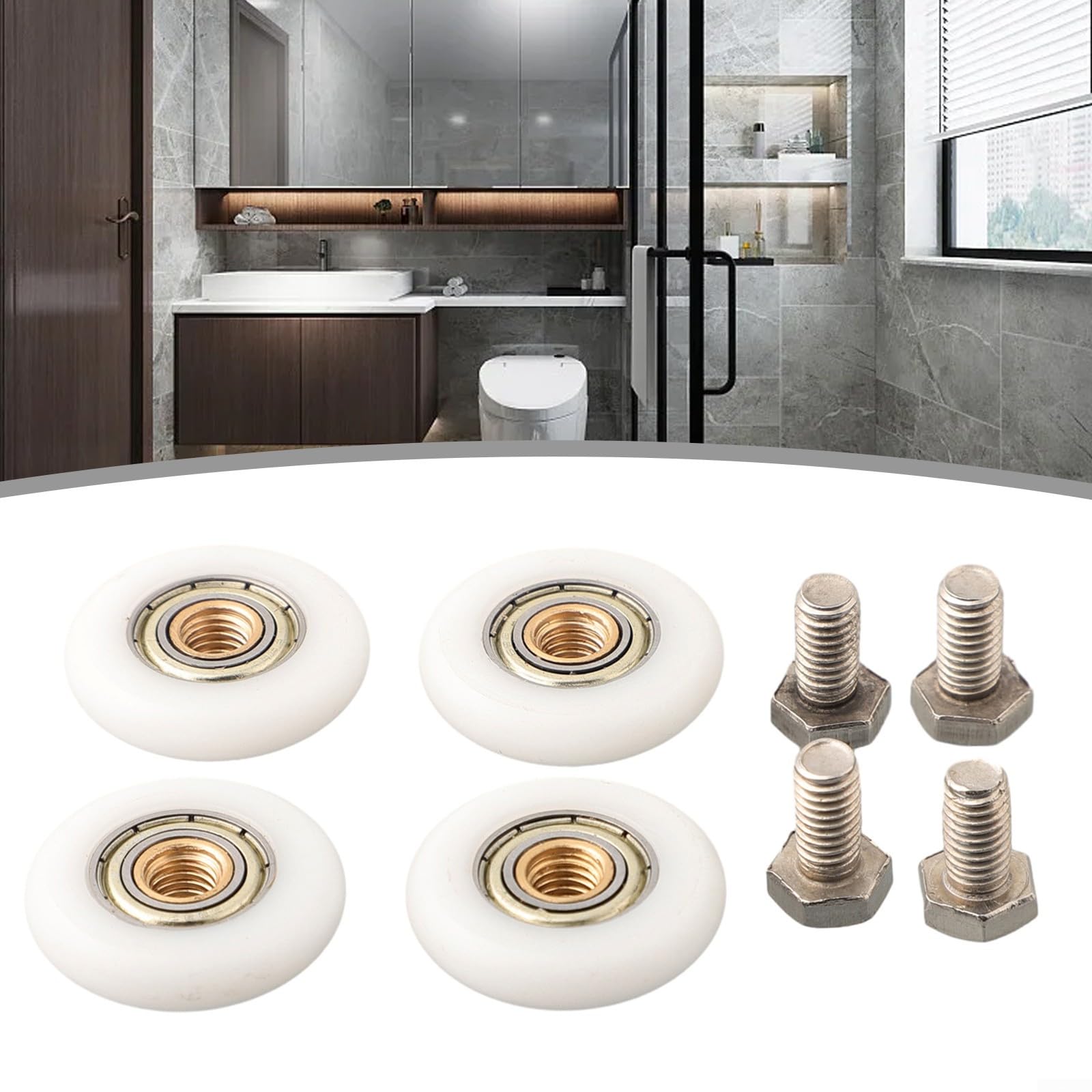 Set di 4 rotelle per porta della doccia, scorrevoli in vetro, con esterno in nylon e centro in ottone, viti in acciaio inox incluse, adatte a vetri da 4-8 mm (27 mm)