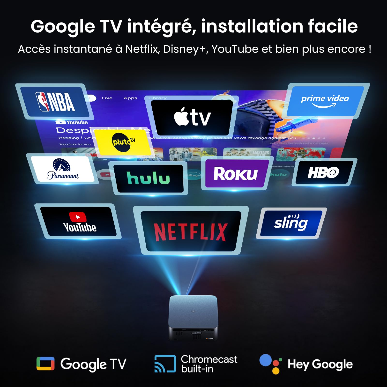 HAPPRUN Vidéoprojecteur Intelligent 3000 Lumens ANSI avec Google TV Officiel, Compatible 4K, Dolby Audio, Mise au Point et Correction Keystone Automatiques, WiFi 6 et Bluetooth, Noir