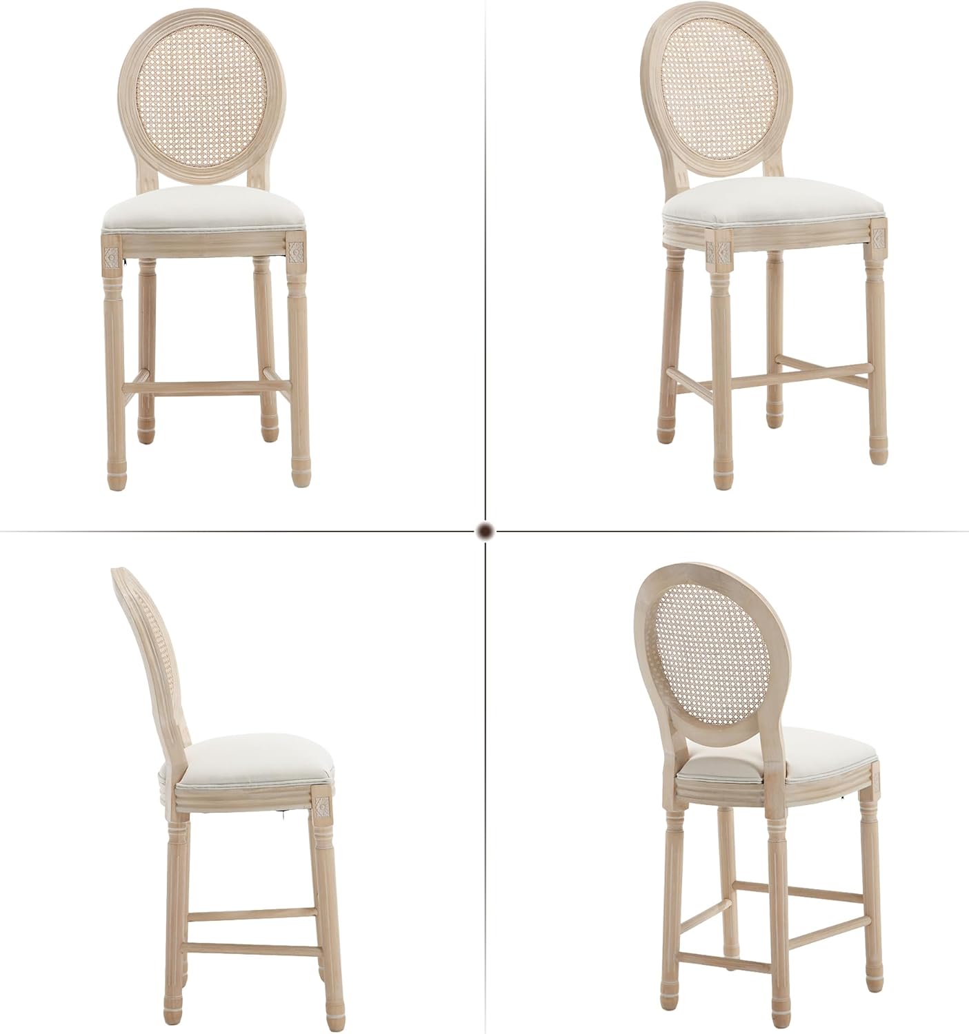 Solid Wood Bar stools Set of 2, Classic French Country Wooden Barstools with Upholstered Seating, 26” Kitchen Bar Stool for Bar Counter (Rattan - Beige, 26")