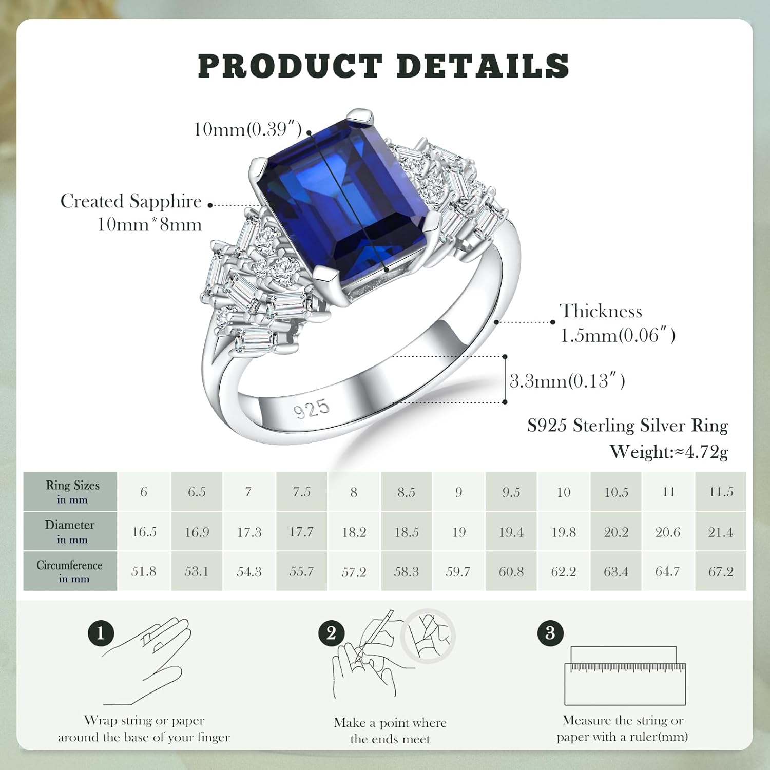 Cushion/Emerald Cut Engagement Rings for Women and Men, 925 Sterling Silver Sapphire/Ruby/Emerald &Cubic Zirconia Gemstone Ring Cocktail Party Birthday Jewelry - Image 4