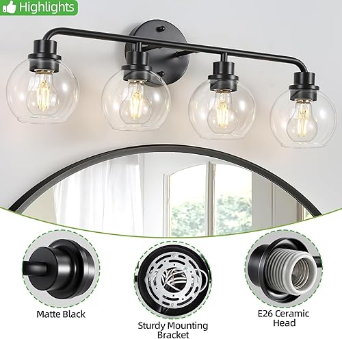 Miniatura 76 de Lámparas de baño doradas para tocador, 3 luces, apliques de pared, luces de latón cepillado con pantallas de vidrio transparente, lámpara de pared