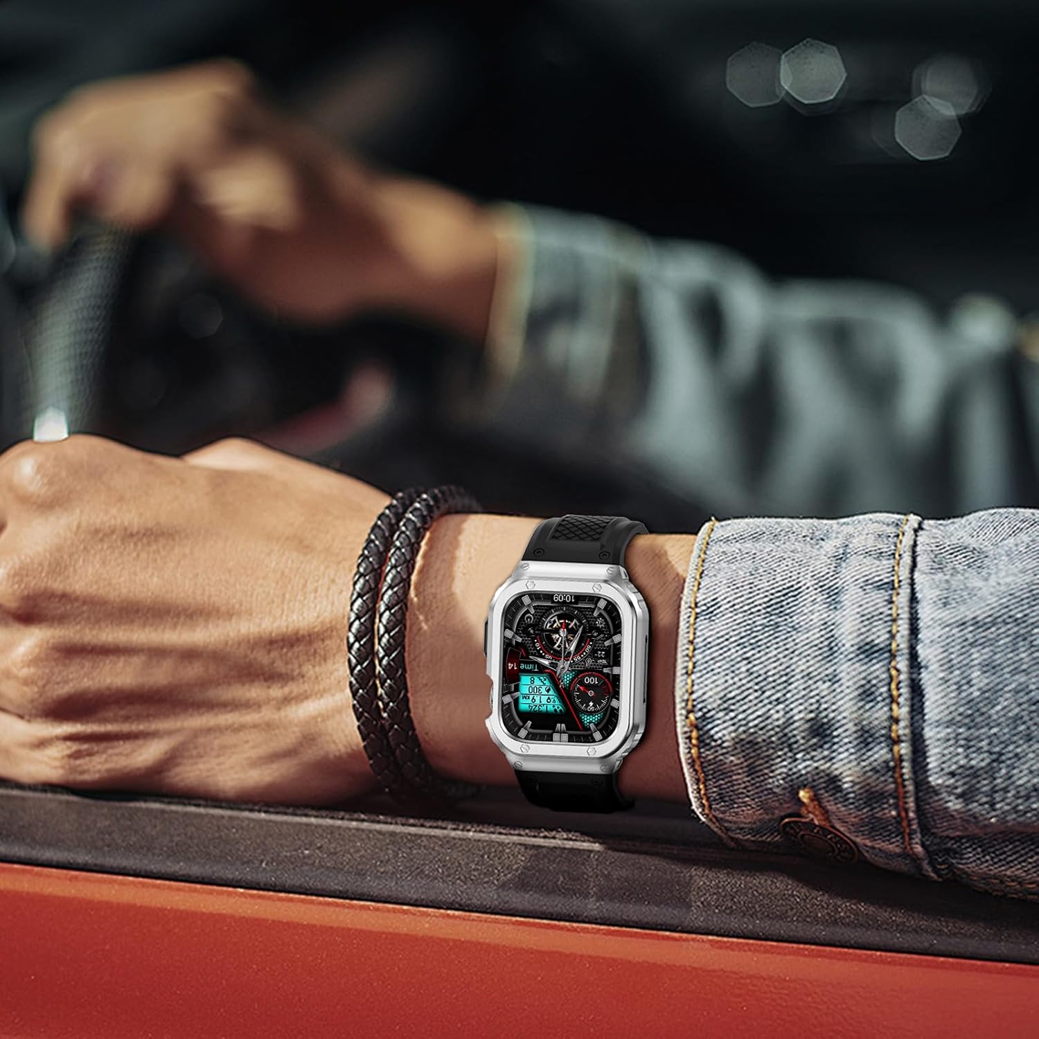 Band with Stainless Steel Case Compatible with Apple Watch Series 9 8 7 45mm Band, iwatch Bands Rugged Metal Protective Cover for Men (Silver) - Image 6