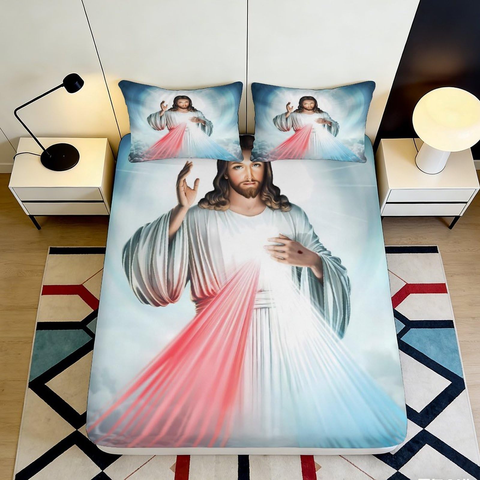3D Printed Divine Jesus Design Fitted Sheet Microfiber Soft Breathable Spiritual Artwork Bed Cover for Bedroom Dormitory Guest Room Mattress Protection 140x200x25cm