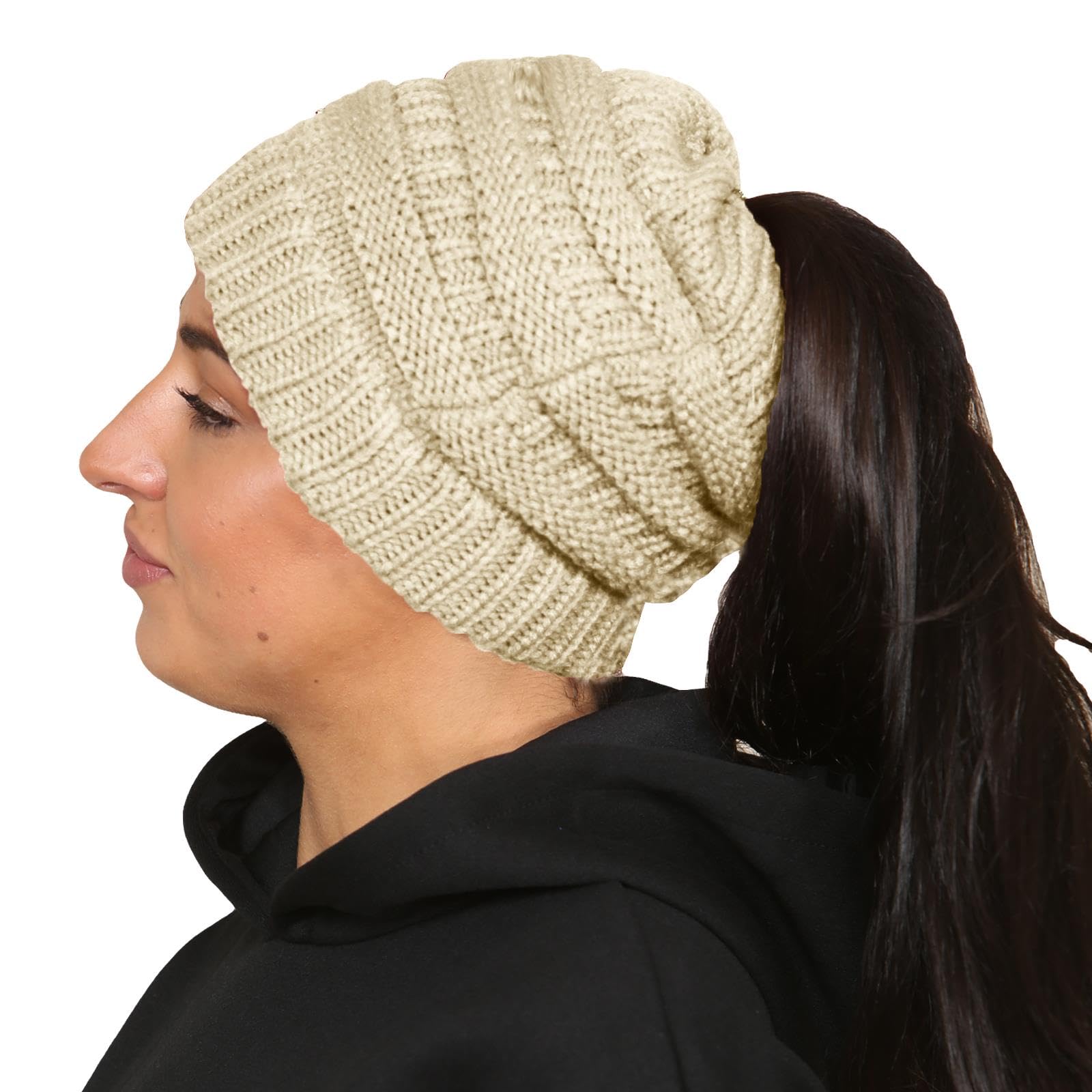 True Face Womens Ponytail Hat Stretch Knit Hats Ladies Messy Bun Beanie Warm Winter Headwear Cream One Size