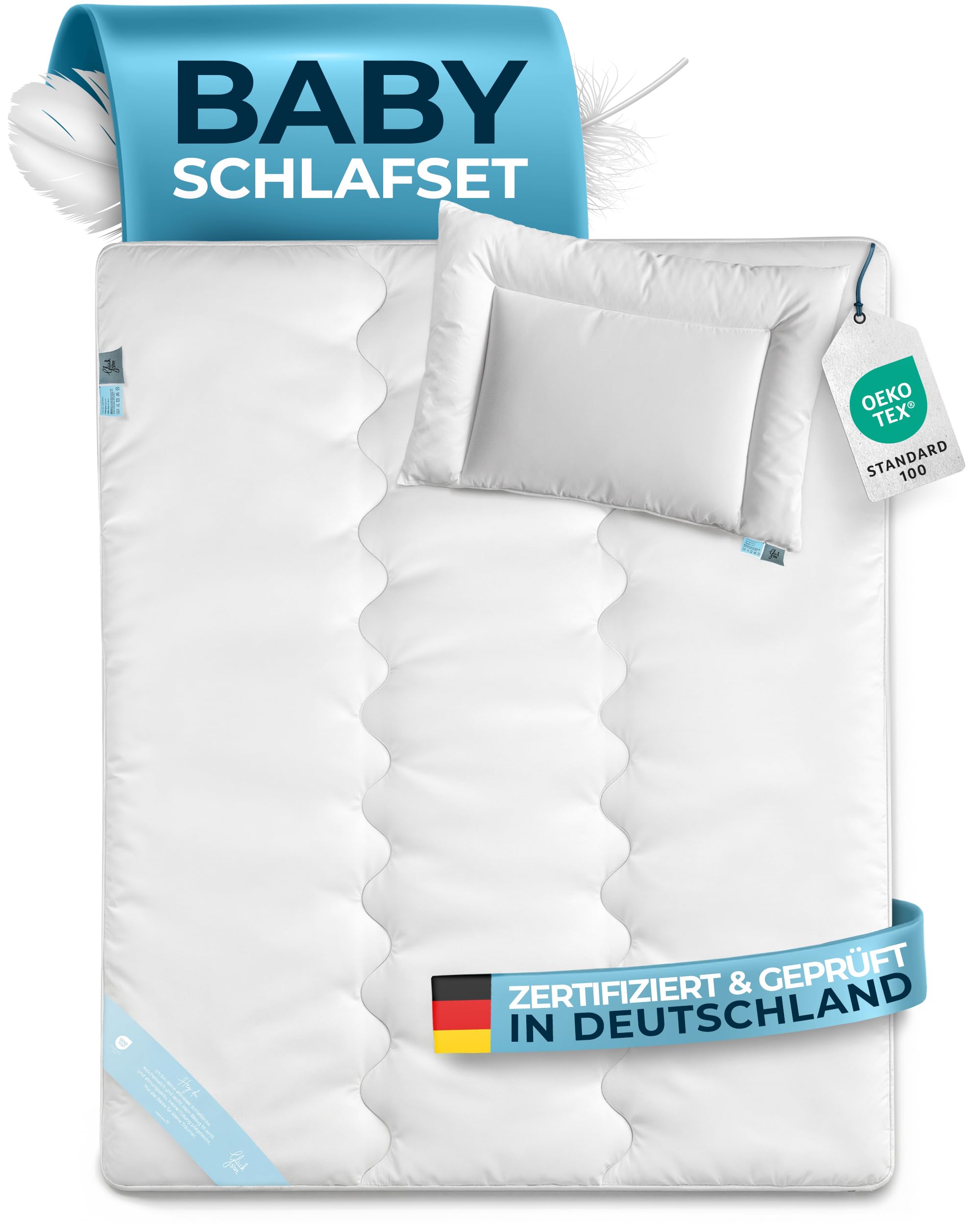Glückstoff® Kinder Bettdecken Set [BETTDECKE & Kissen] - Baby Bett Set - Kinderbettdecke 520g - Ganzjahres Bettdecke & Kissen flach für Babys - Babybettdecke - Bettwäsche Kleinkind (100x135; 40x60)