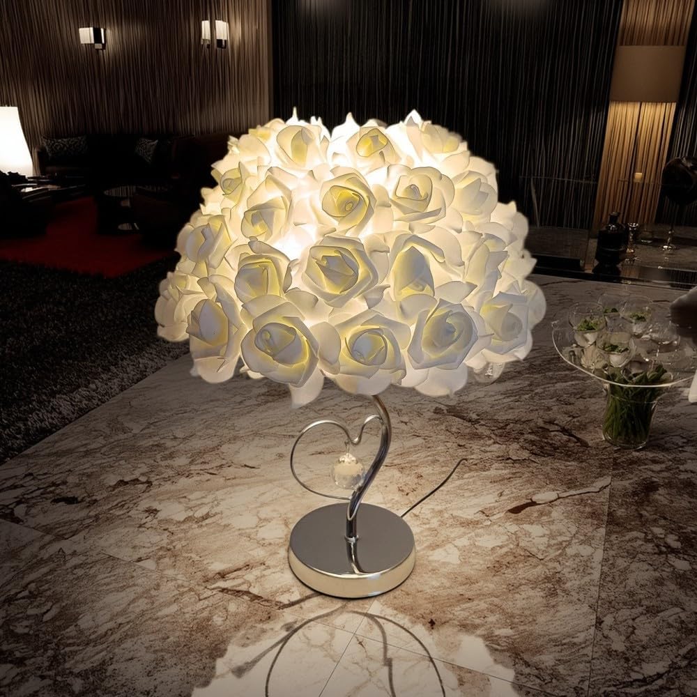 Romantic Rose Table Lamp with Color Changing LED Lights, Decorative Flower Bouquet Design, Silver Base Heart Wing Stand, Modern Ambient Mood Lighting for Bedroom, Living Room (White)