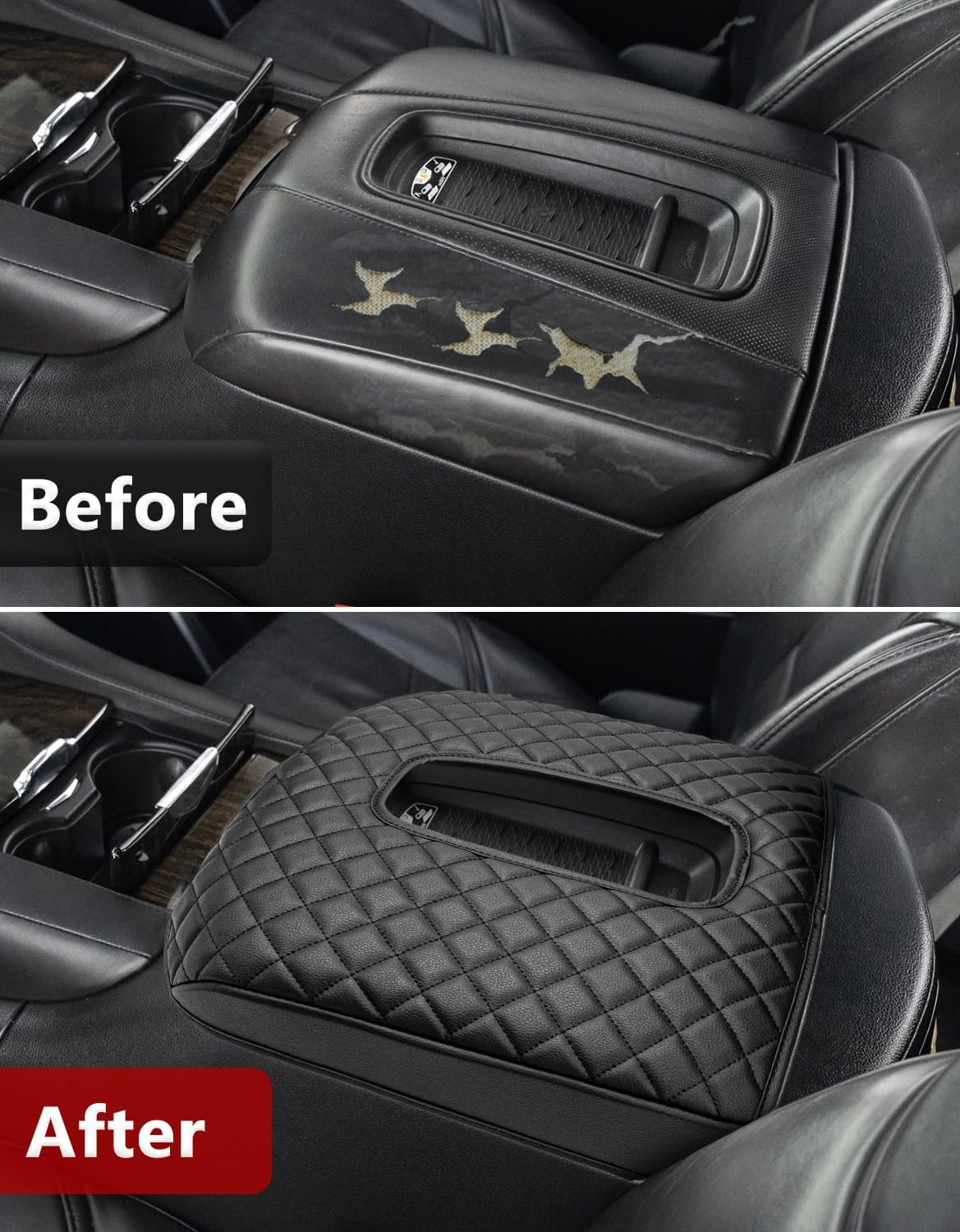 KBH Center Console Armrest Cover for 2015-2020 Cadillac Escalade, Vinyl Leather Trim, Middle Console Cushion Protector, Anti-Scratch, Black