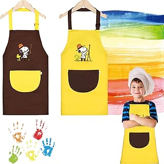 Qazuwa Fartuch Kuchenny Dziecięce Fartuch Dziecięcy z kieszeniami 2 szt. Bambin Fartuchy do gotowania Regulowany Fartuch dla dzieci dla chłopców dziewczynek rzemiosło kuchnia, żółty, kawowy, 9-13 lat