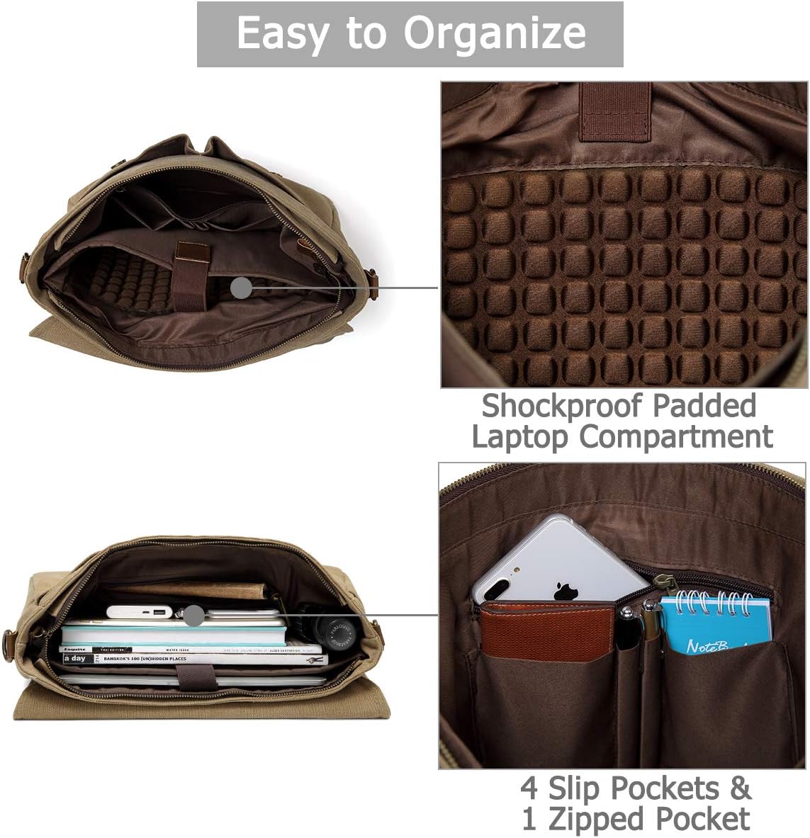 Kasqo Mens Messenger Bag, 15.6 Inch Water resistence Vintage Canvas Briefcase Satchel Bag Shoulder Work Bag Padded Shockpoof