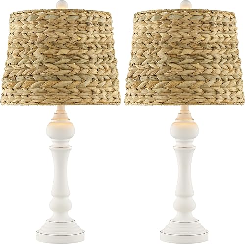 Miniatura 3 de Maxax Juego de 2 lámparas de mesa estilo casa de campo, candelabros blancos, diseño de luz de ratán tropical, pantalla cónica de tambor cónico,