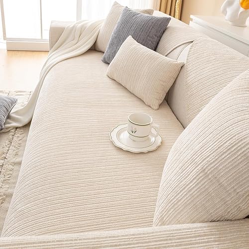 Miniatura 6 de vctops Funda de felpilla suave para sofá, color liso, tejido a rayas, texturizado, lavable, antideslizante, para perros y mascotas, 1 piezano todo