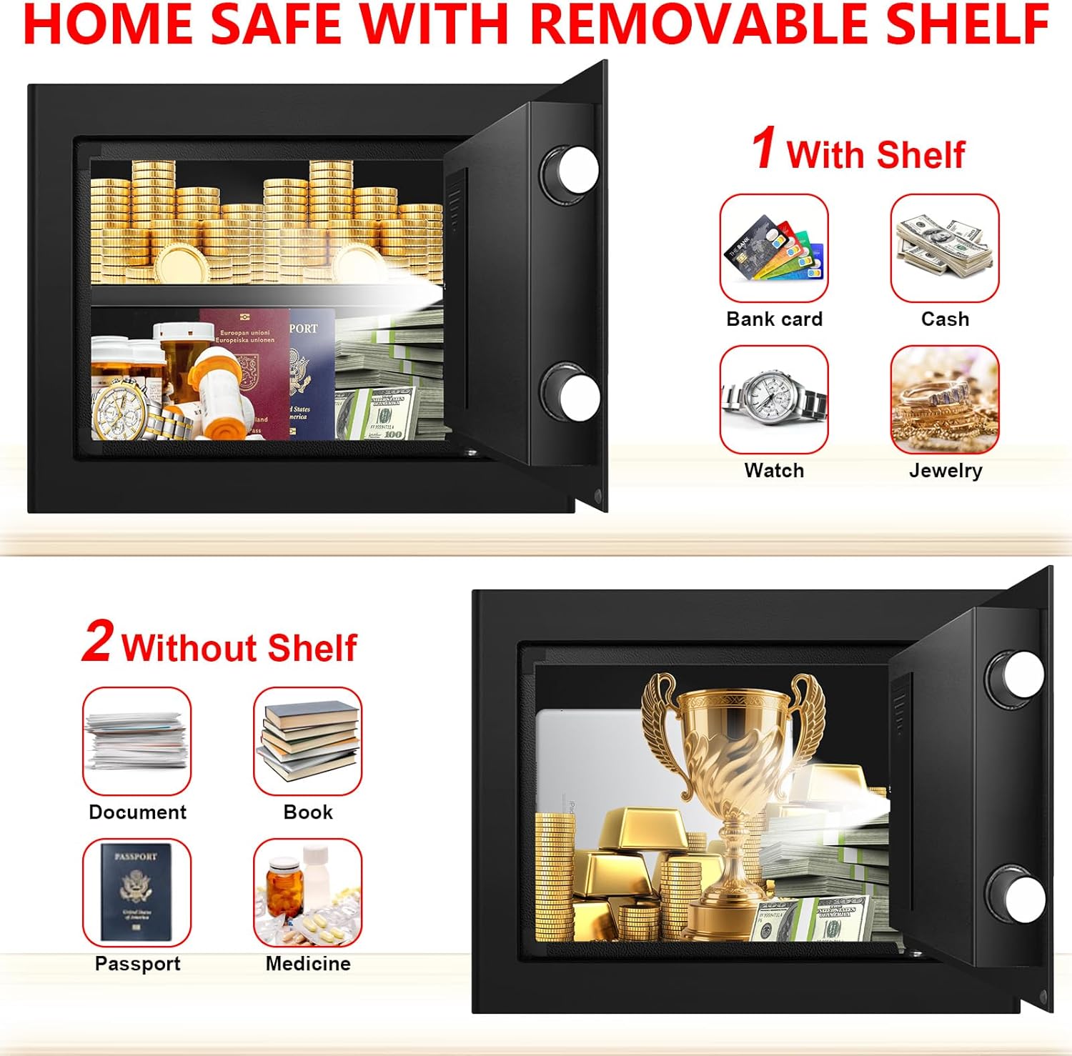 1.3 Cub Small Safes for Home Use Fire and Water Proof, Digital Security Box Fireproof Safe Box with Combination Lock, Smart Alarm System and Removable Shelf, Personal Safe for Home Documents Valuables