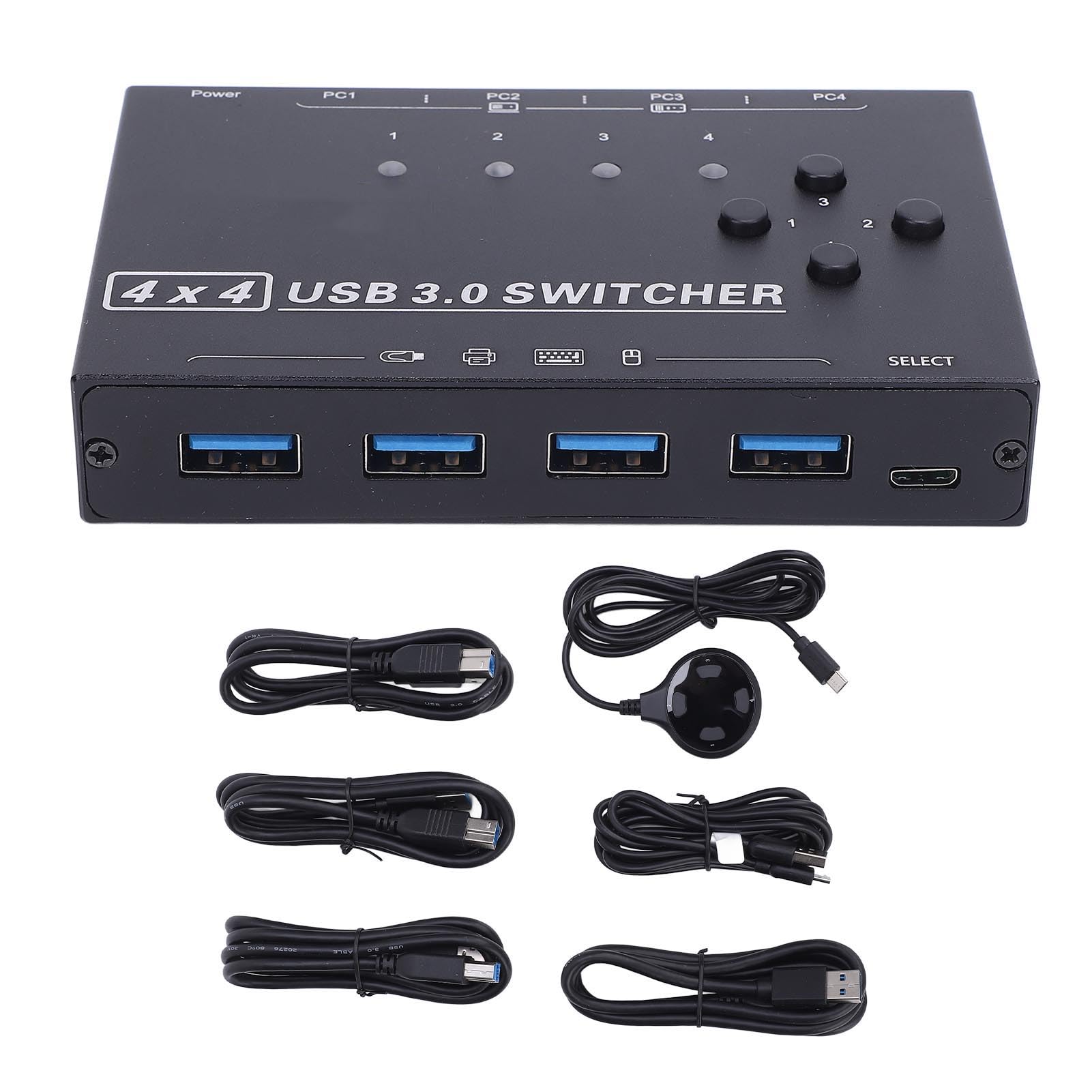 Asixxsix Przełącznik USB 3.0, 4-portowy Selektor Przełącznika USB dla 2 Komputerów, Współdzielona Klawiatura, Mysz, Drukarka, Skaner, z Kontrolerem Stacjonarnym i Sterowaniem Klawiszami,