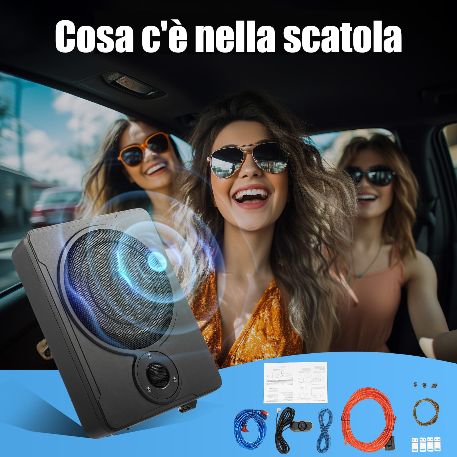 Subwoofer per auto da 8 pollici, 300W, compatto, amplificatore per auto con cavo remoto, altoparlanti attivi alti e subwoofer amplificatore,Con luce LED