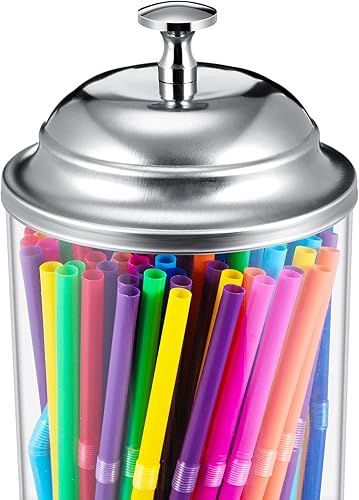 Miniatura 4 de Patelai 10.6 Inch Clear Plastic Straw Dispenser and 100 Pcs Drinking Straw Organizer Container with Stainless Steel Lid Transparent Drinking Neón