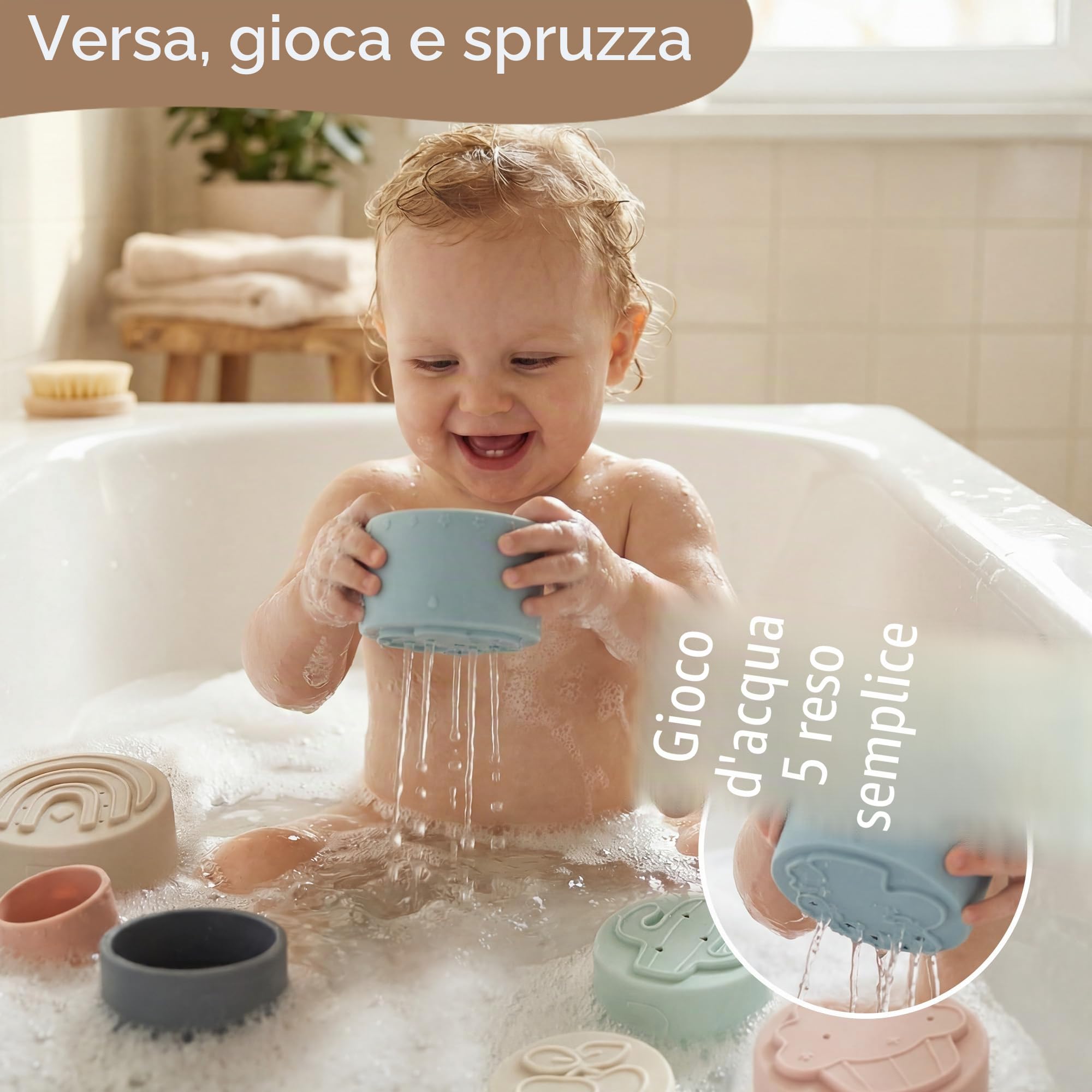 Moonkie Cubi Impilabili Bambini, Giocattoli da Tazza in Silicone, Costruzioni per Bambini, Giochi Montessori, Dentizione Neonato Silicone, Regalo Bambino, 6+ Mesi, 7 Pezzi (Fine Day)