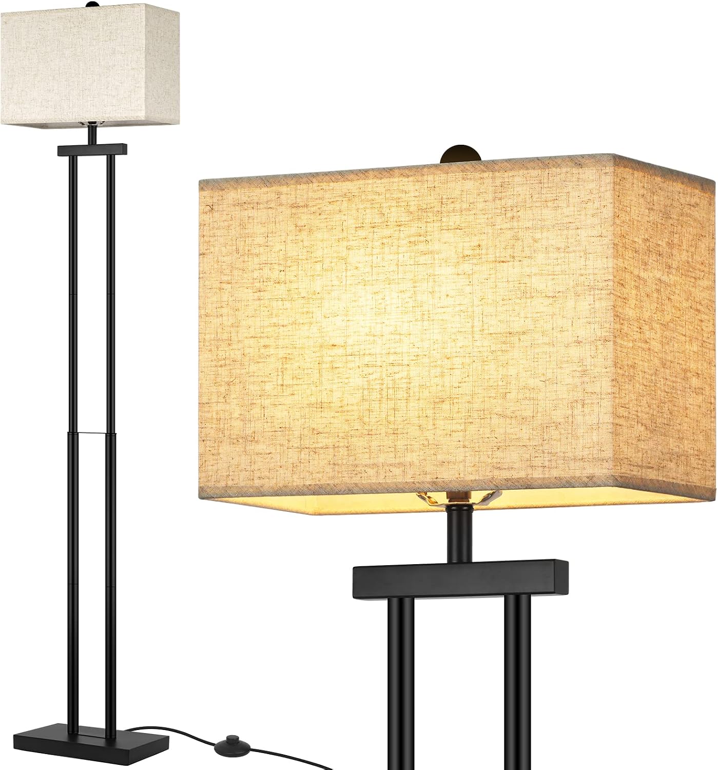 Contemporary Floor Lamp for Living Room, Black Standing Lamp with Foot Switch, Farmhouse Modern Tall Lamp with Fabric Shade and Dual Poles, Minimal Reading Floor Lamp for Bedroom Office Nursery