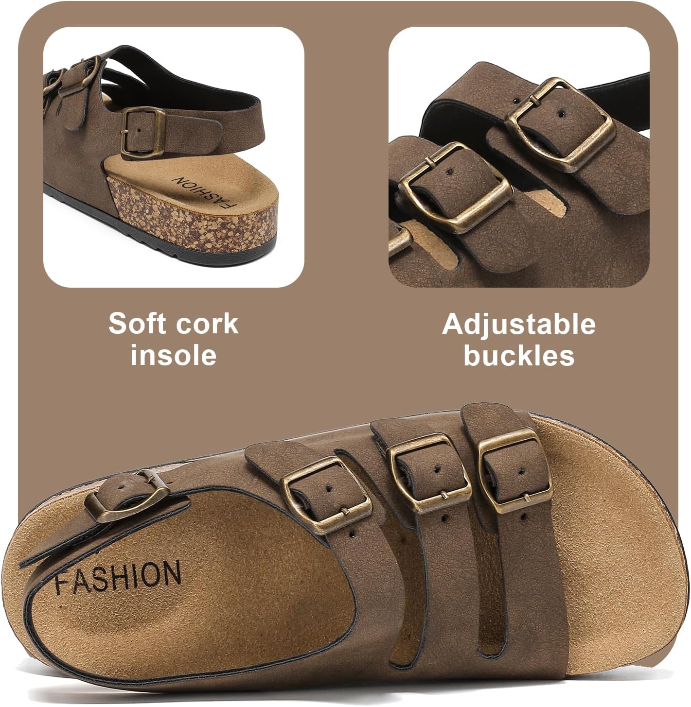 Womens Cork Footbed Sandals With Back Strap, Men Adjustable Buckle Slip-On Slingback Slides Sandals Suede Memory Foam Comfortable Non Slip Beach Slippers for Summer Shoes Footwear