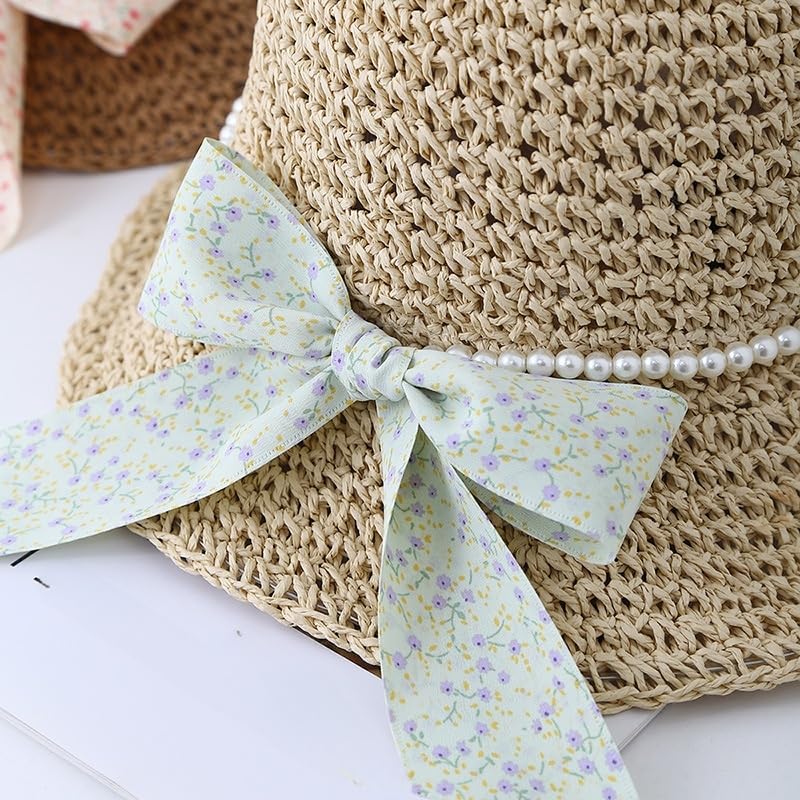 Sombrero de Paja de Verano para Mujer,de ala Ancha,Ligero,con Lazo Floral de Perla,Plegable,Transpirable,para Playa,para Actividades Al Aire Libre