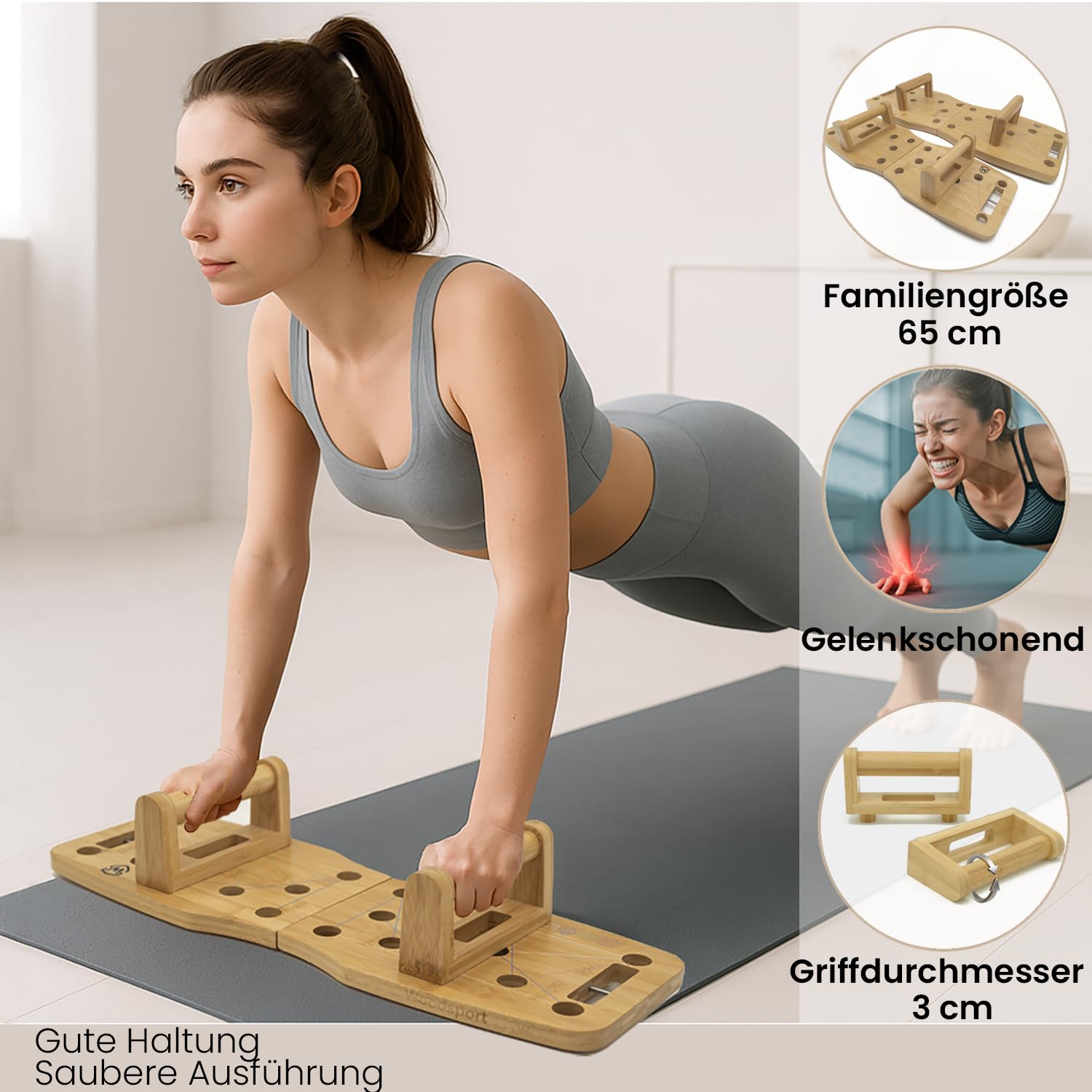 Amplitude – Premium Liegestützbrett/Push up Board aus Holz für Home gym – Klappbares Fitnessgerät für Zuhause – inkl. resistance bands + 30-in-1 Trainingsanleitung