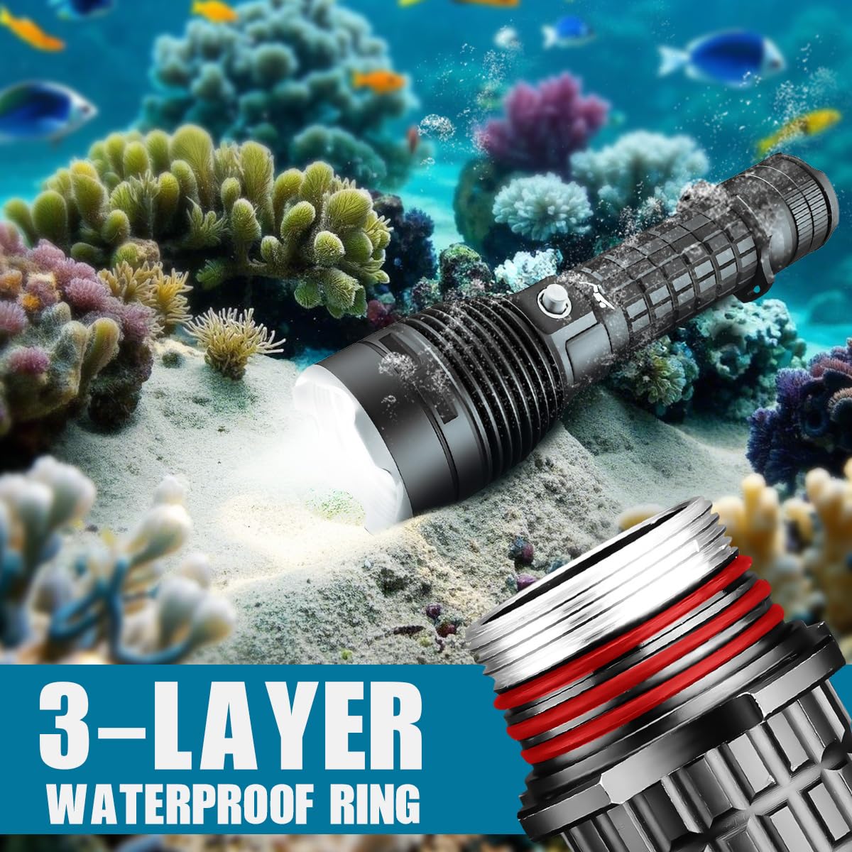 Tauch-Taschenlampe, 3000 lm, IPX8, wasserdicht, 3 Modi, Unterwasserlicht zum Schnorcheln, ideales Geschenk für Taucher und Unterwassersportbegeisterte