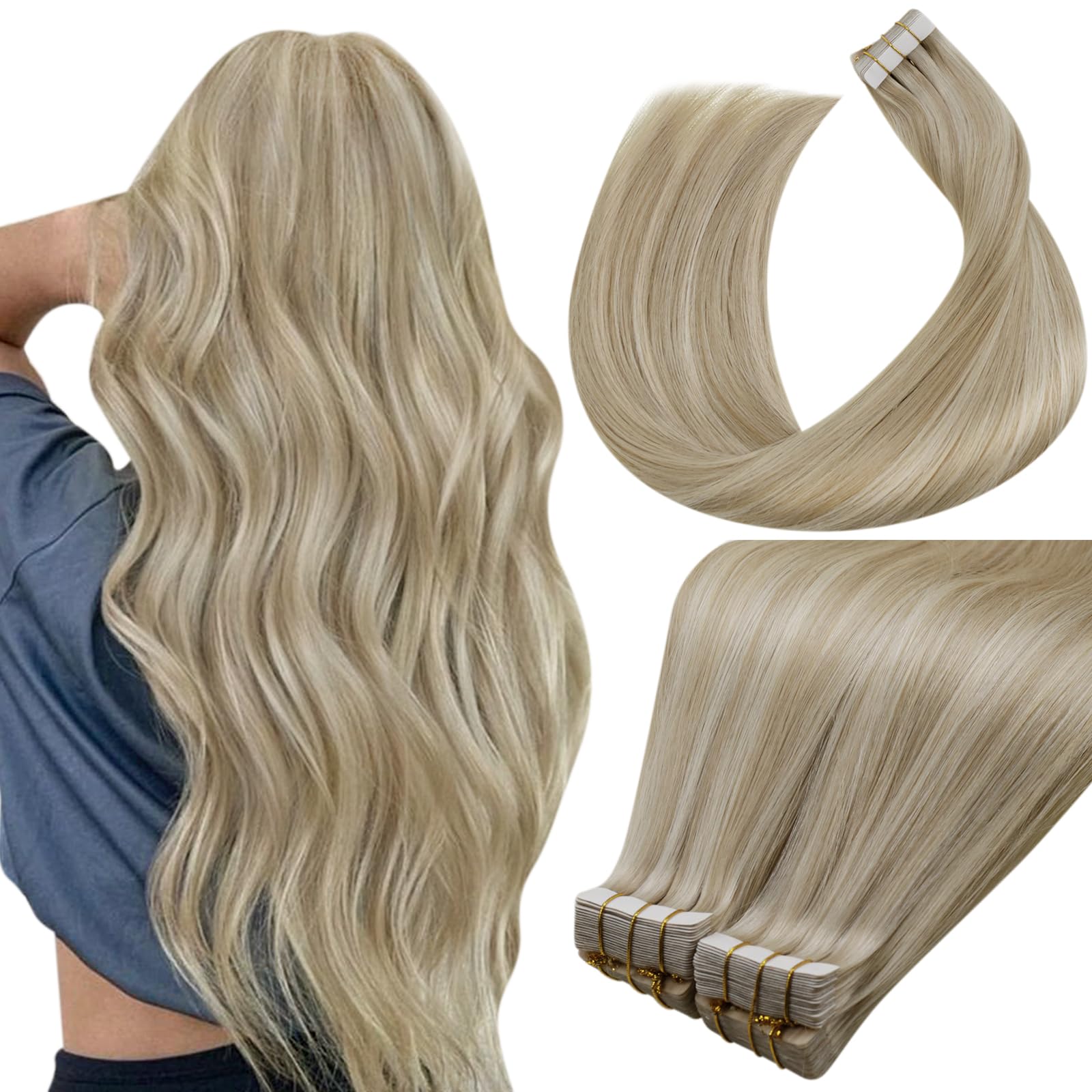 LaaVoo Tape Extensions Echthaar 60cm Blond Echthaar Extensions Tape Goldblond Highlight Mittelblond Remy Haarverlängerung Echthaar Tape Extensions Unsichtbar #p16/22 40pcs 100g