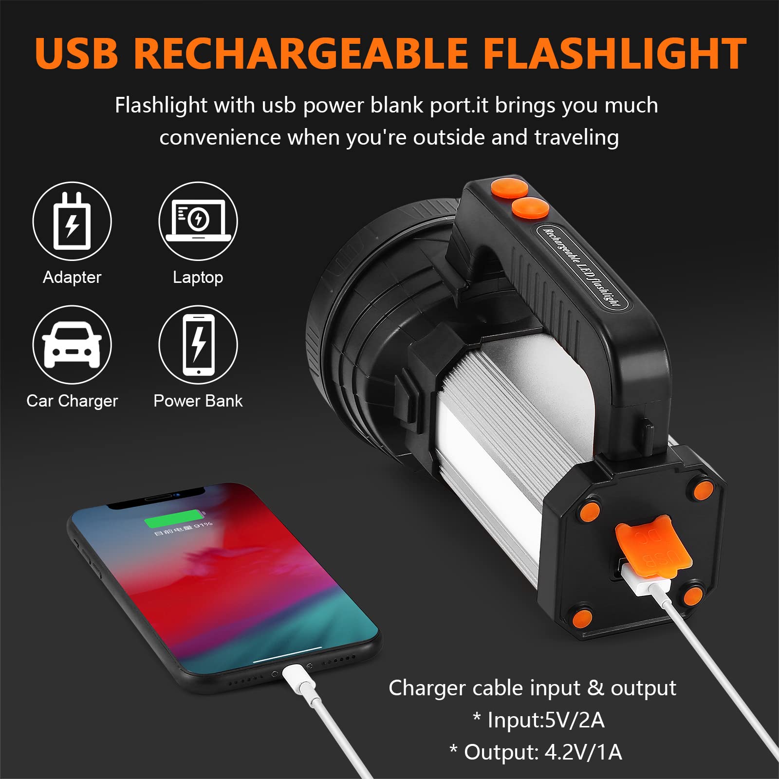 AF-WAN Super Bright LED ricaricabile Troch potente torcia portatile 7000 Lumen 9000 mAh riflettore impermeabile 6 modalità di luce, portatile LED Searchlight LED torcia con Power Bank (argento)