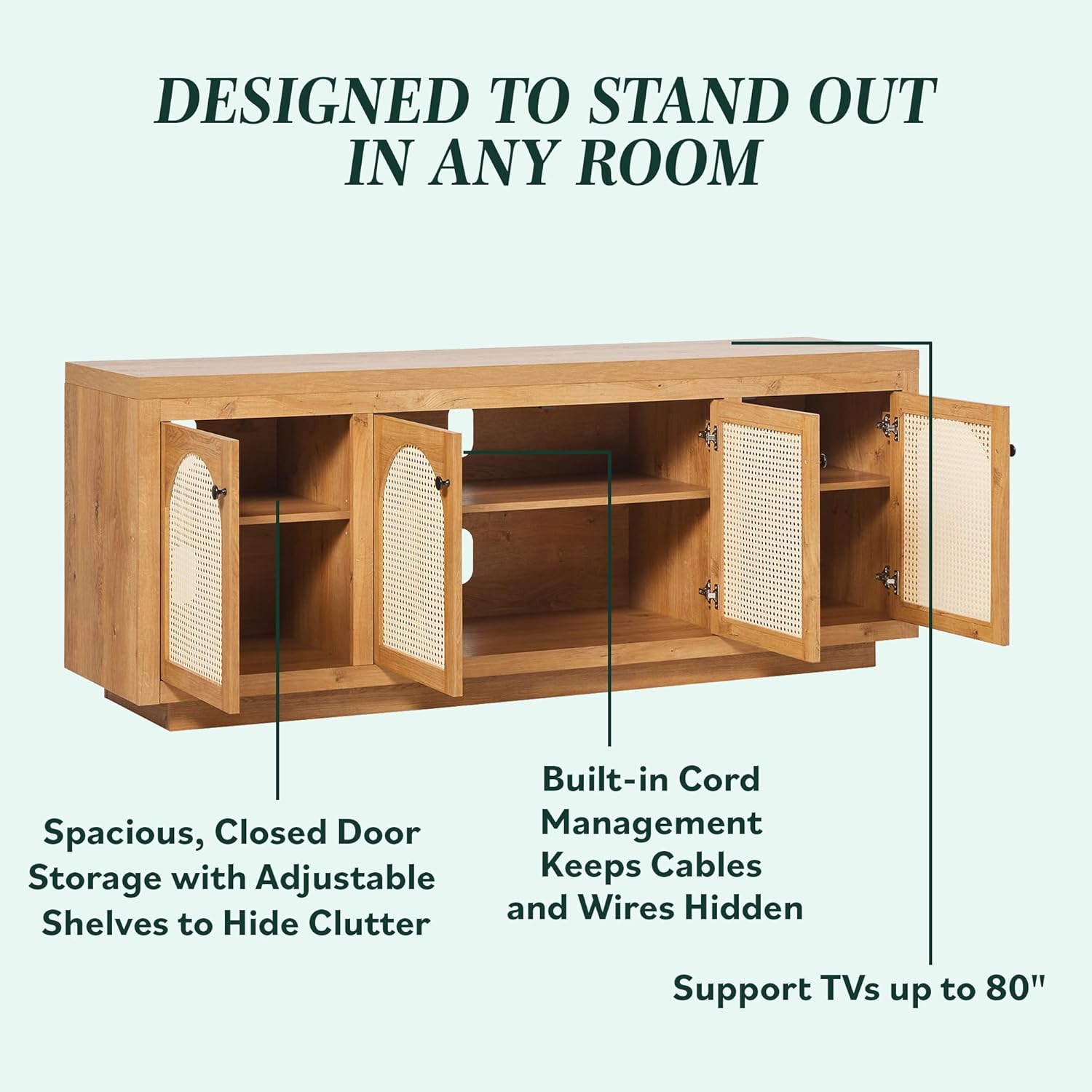 Walker Edison Sasha 4-Door Sideboard Buffet with Arched Rattan Panels, 70 Inch, English Oak Rattan 70 Inch English Oak