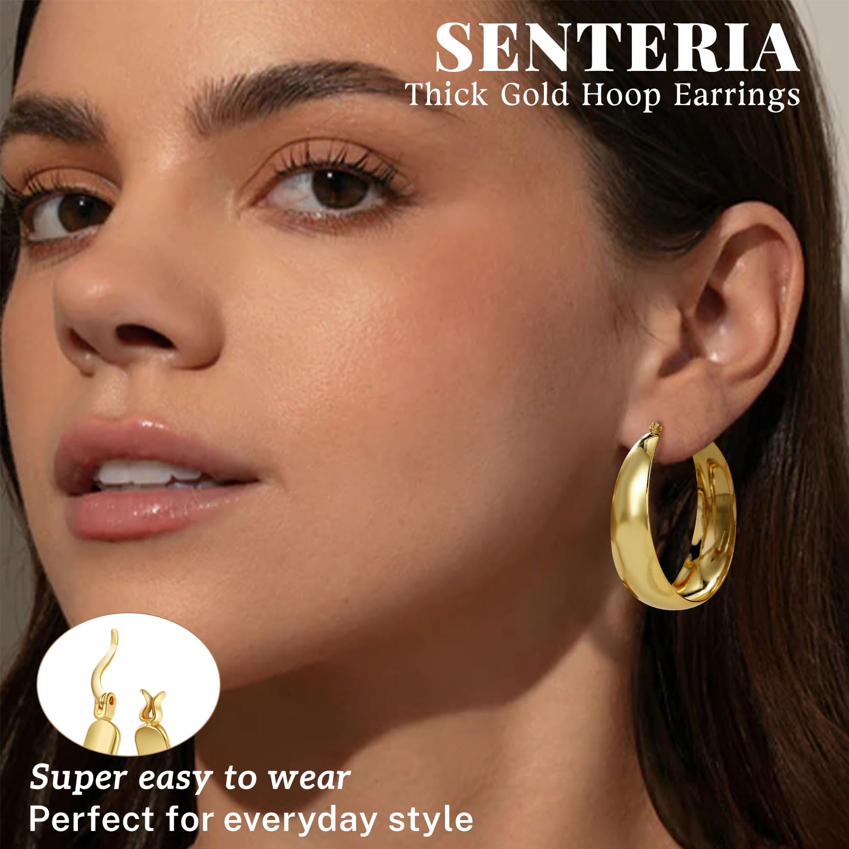 Orecchini Senteria in argento 925, orecchini a cerchio per donna, ipoallergenici, leggeri, larghi 12 mm, placcati in oro 14 carati, orecchini a cerchio grandi e spessi in oro per donna 25/30/40/50 mm