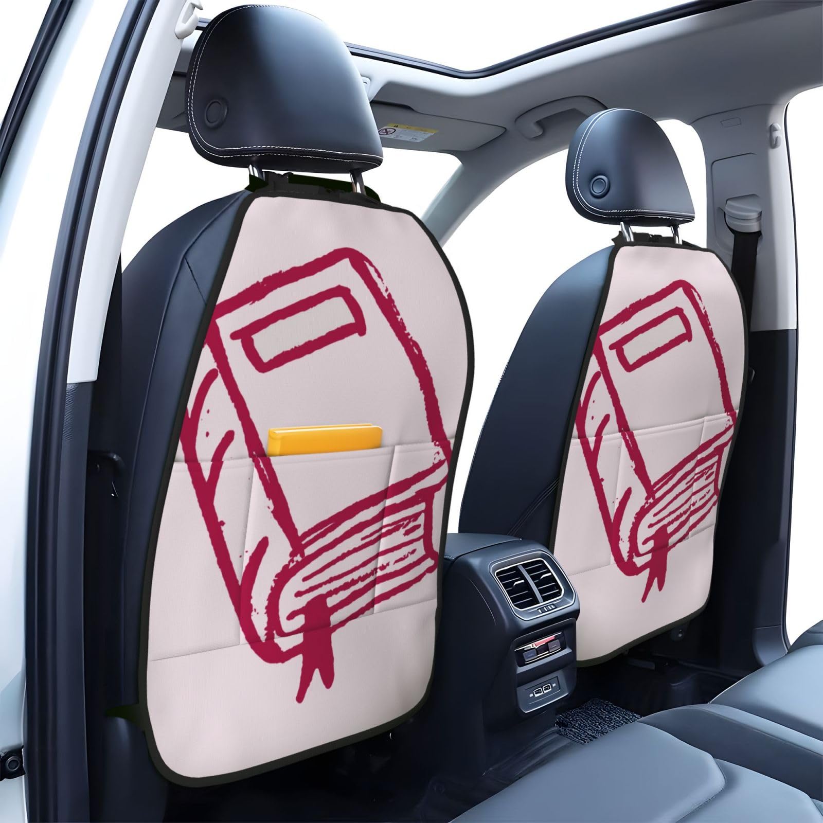 Pink Red Simple Line Drawing Book Car Seat Back Kick Protectors,2 Pack Kick Mats with Storage Pockets for Vehicles to Protect from Dirt Mud Scratches
