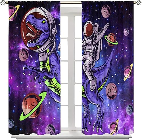 Miniatura 8 de Divertidas cortinas opacas de dinosaurio para dormitorio de niños, diseño de astronautas de caricaturas, galaxia morada, planetas, universo, para