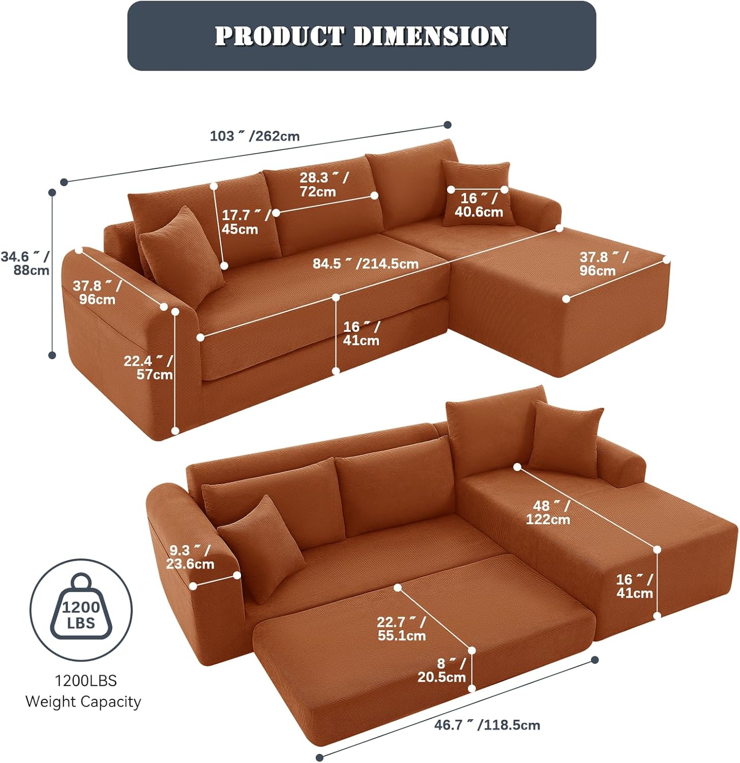103 inch Cloud Sectional Couch, Modular Sectional Sofa with Deep Seat,Folding L-Shape Sofa Bed,Corduroy Boneless Couch Bed for Living Room,No Assembly Required,(Orange,Right Facing Chaise)