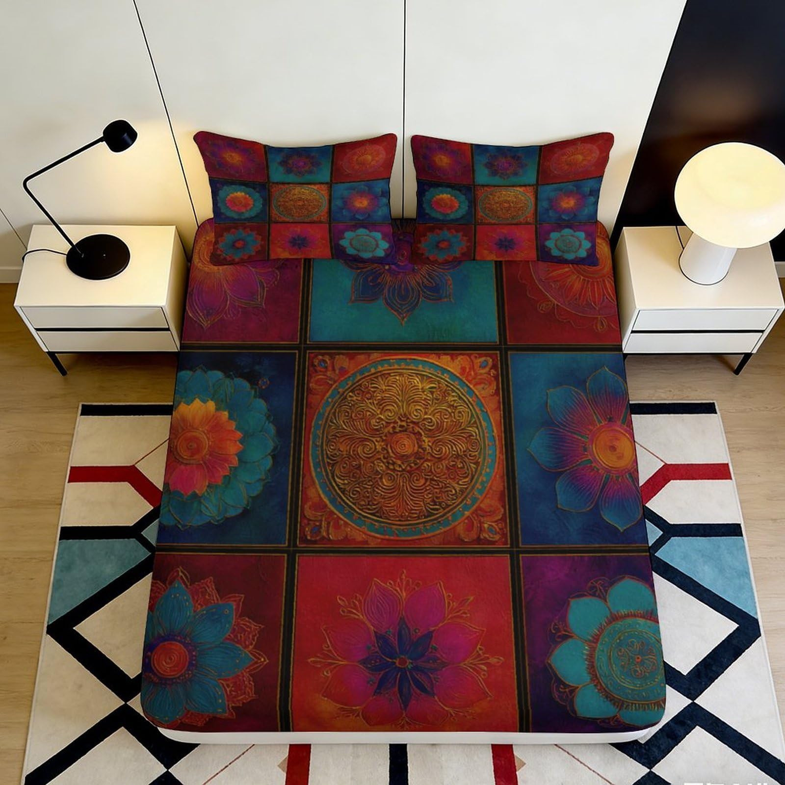 Tjiqhvmrn Style-9 3D Printed Mandala Fitted Sheet Microfiber Deep Pocket Bedroom Set Mandala Mattress Fitted Cover Non-Slip Washable For Adults Teens 90X200x25cm