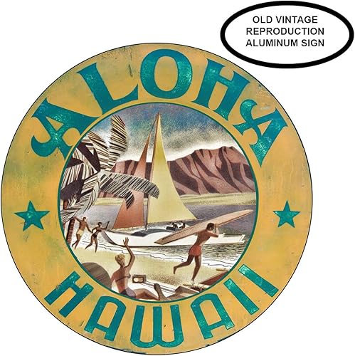 Miniatura 2 de Letrero de metal vintage de reproducción de letreros de metal redondo para garaje y hogar, 11.75 pulgadas de diámetro - Aloha Hawaii con veleros
