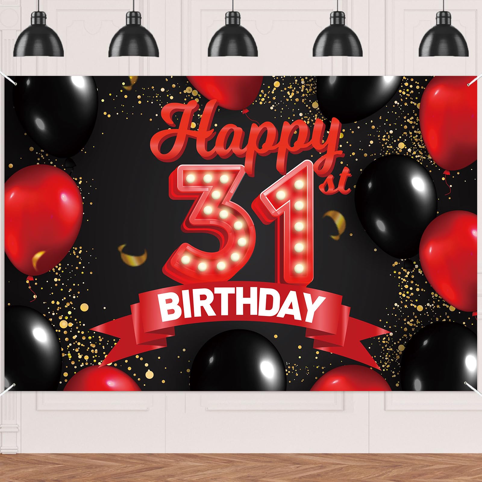 Happy 31st Birthday Red and Black Banner Backdrop Decorations Balloons Theme Decor for Girls Women Princess 31 Years Old Birthday Party Bday Photo