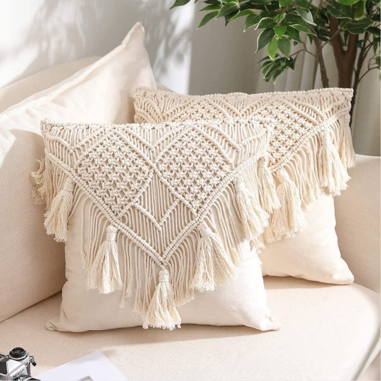 Wagon Brand | Macrame Cushion Cover 16 x 16 inch, Decorative Boho Pillow Case for Sofa Set Bedroom,Living Room, Office Decoration | Home Furnishing, Off-White, Back Zipper, 1-Pcs-image-49