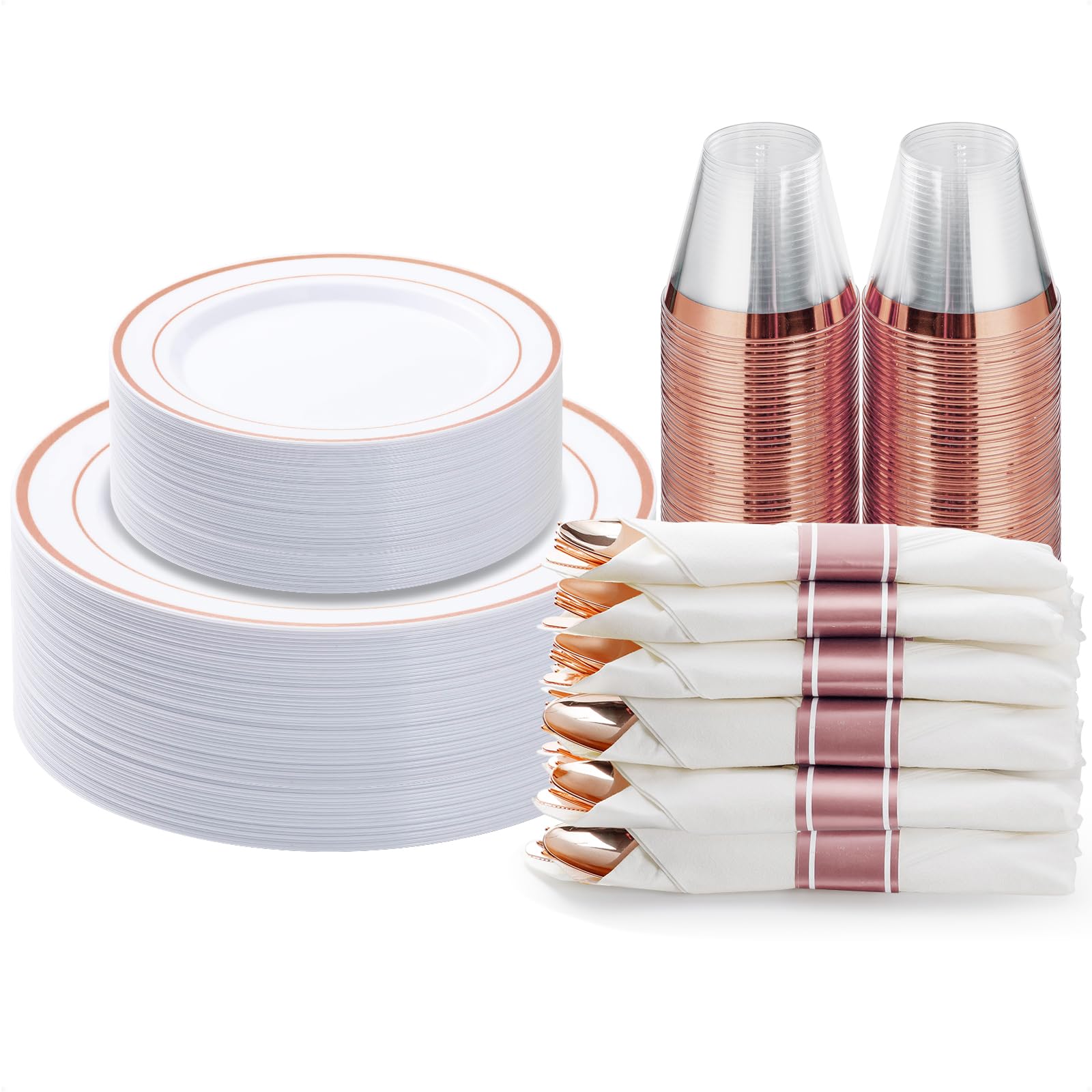 175PCS Rose Gold Plastic Dinnerware Set, Disposable Party Plates for 25 Guests, Include: 50 Plastic Plates, 25 Pre Rolled Napkins with Rose Gold Silverware, 25 Cups