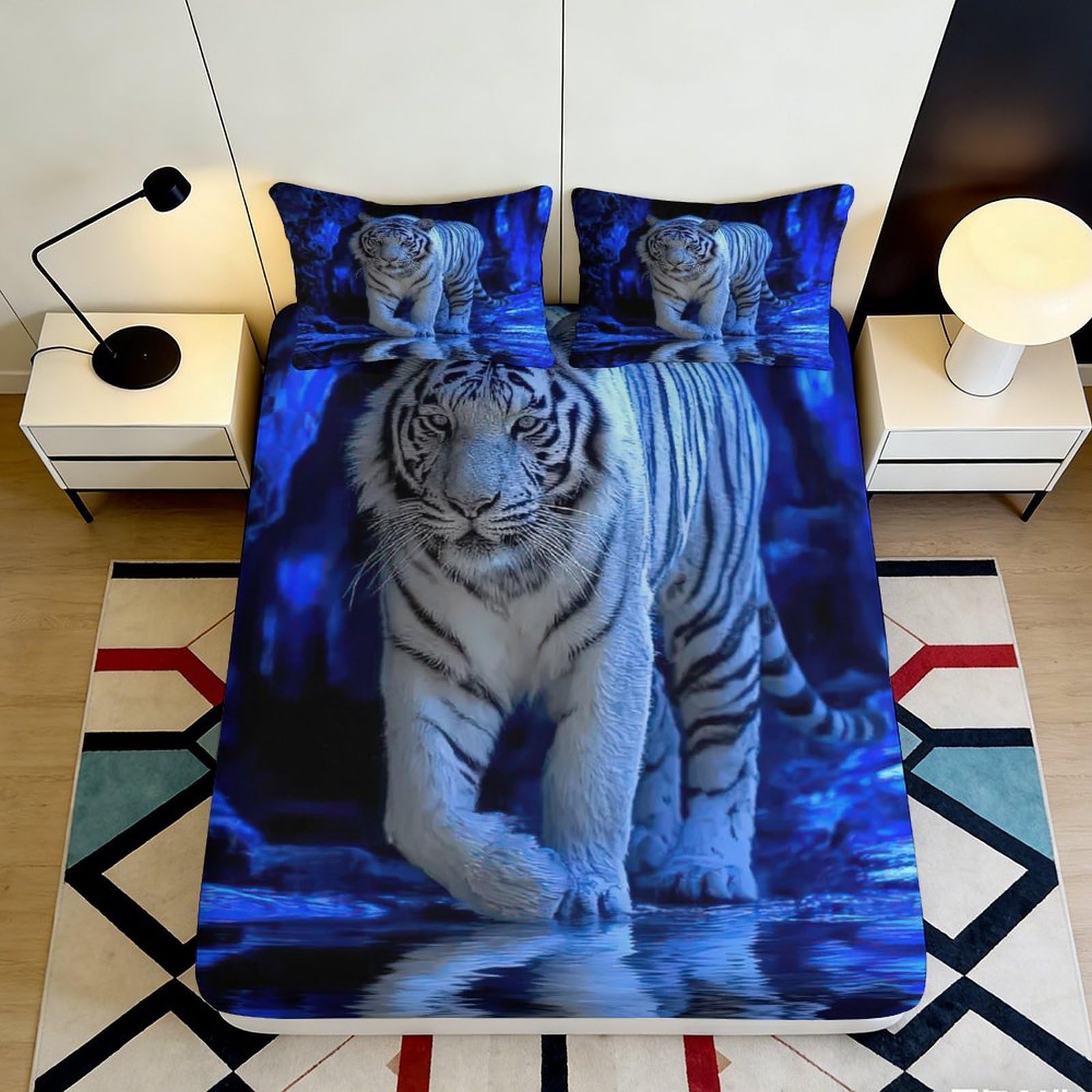 C8q5l1t3 Style-1 3D Printed Tiger Fitted Sheet Microfiber Bedroom Bedding Set For Adults Deep Pocket Non-Slip Tiger Mattress Fitted Cover Full Wrap Washable 180X200x25cm