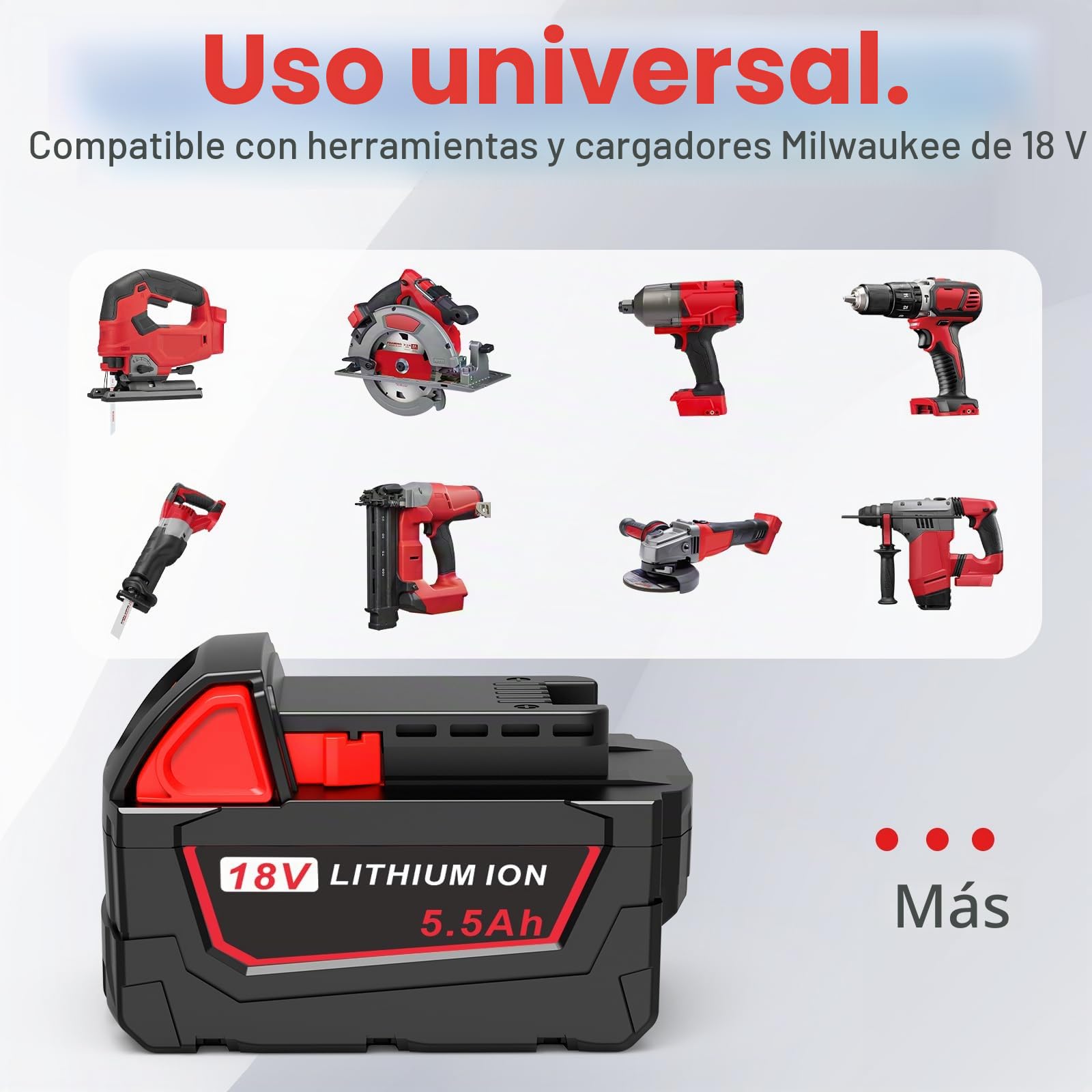 2 baterías de 18 V 5,5 Ah para Milwaukee, batería de ion de litio de repuesto para Milwaukee M18 Batería compatible con Milwaukee M18B XC 48-11-1815 48-11-1820 48-11-1850 2601 2610 2611 2620