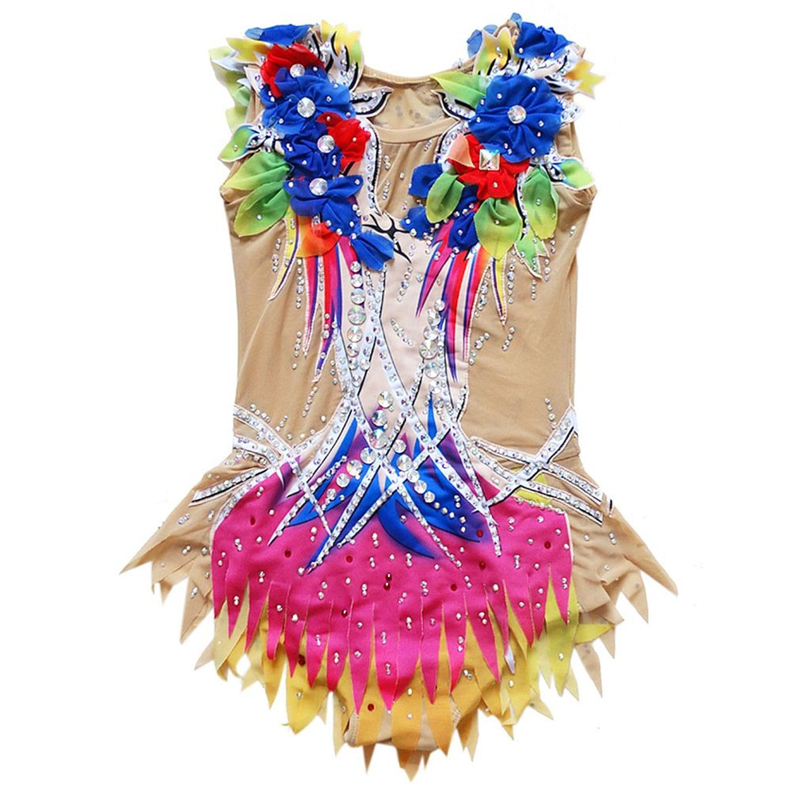 LIUHUO Maillot de gimnasia rítmica, sin mangas, diseño de flores, rendimiento y competición
