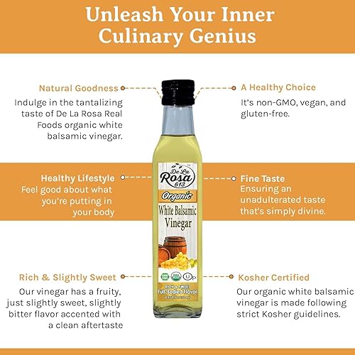 Miniatura 5 de De La Rosa - Vinagre balsámico blanco orgánico, envejecido en barricas de madera españolas, Kosher para Pascua, vegano y sin gluten, ideal para