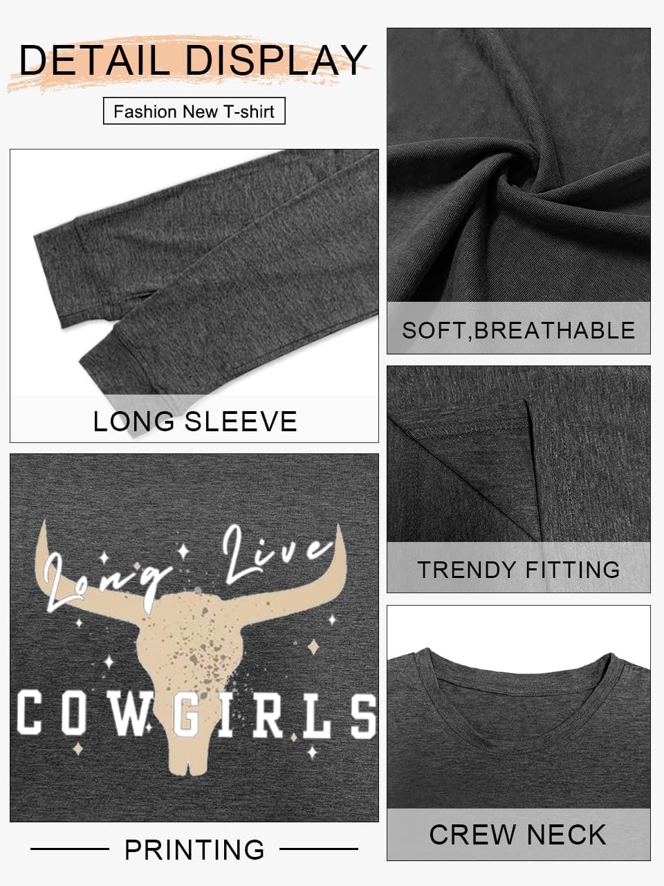 MZEAZRK Long Live Cowgirl Shirt For Women Retro Steer Skull T Shirts Western Cowboy Graphic Tees Long Sleeve Tops(Dark Grey,L) - Image 5
