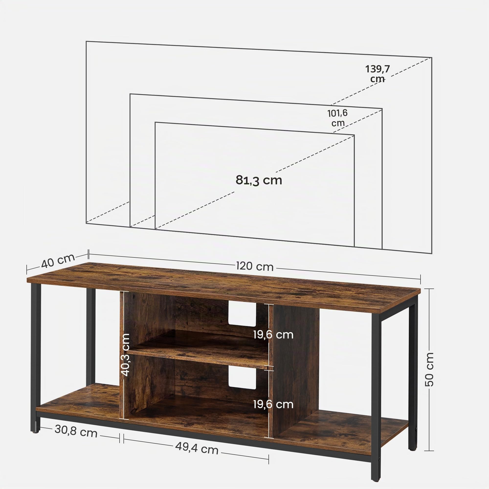 VASAGLE LTV060B01 Meuble TV pour TV Jusqu’à 152 cm (60"), avec étagères Ouvertes, Console TV pour Salon, Salle de Divertissement Marron Rustique/Noir