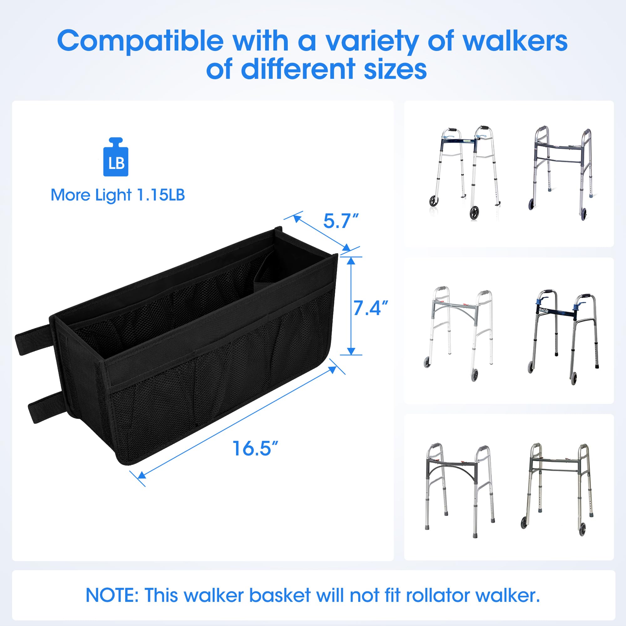 Upgrade Dotday Walker Basket Walker Bag Walker Bag Soporte para tazas de agua, bolsa de almacenamiento plegable con gran capacidad y nunca se vuelque, el mejor regalo para la familia, color negro (no