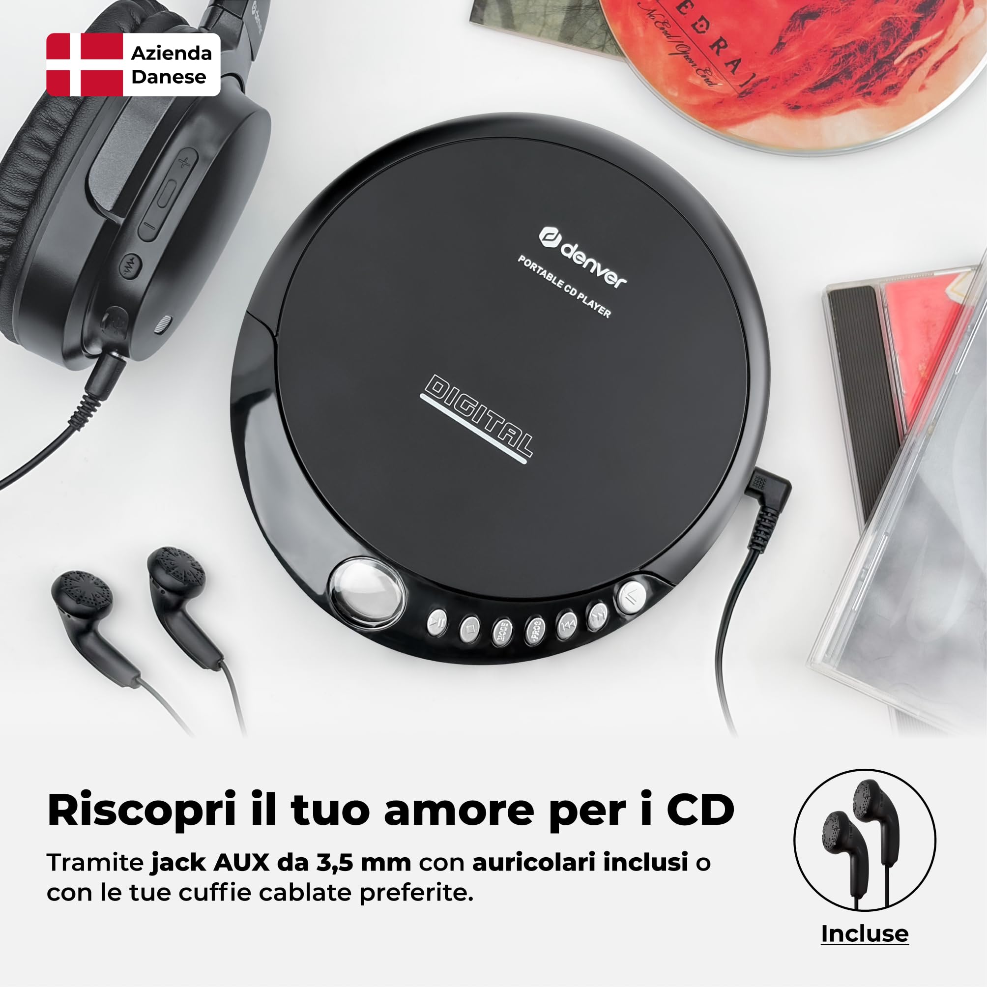 Discman Denver DM-24. Lettore CD portatile. Compatibile con CD, CD-R e CD/RW. Cuffie incluse