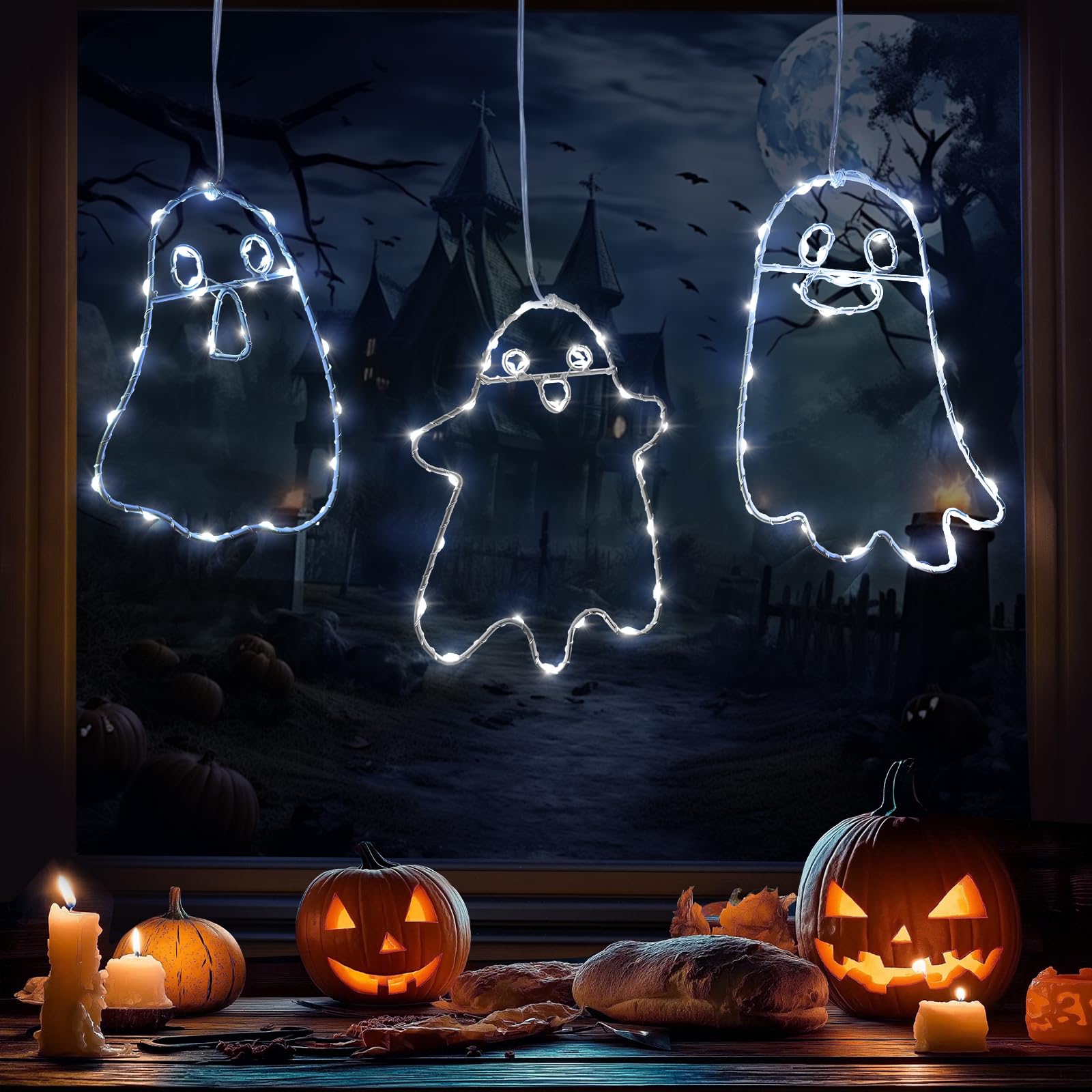 Halloween Fensterlichter 3er Set - Kürbis, Hexenhut & Spinnendeko Mit Saugnapf