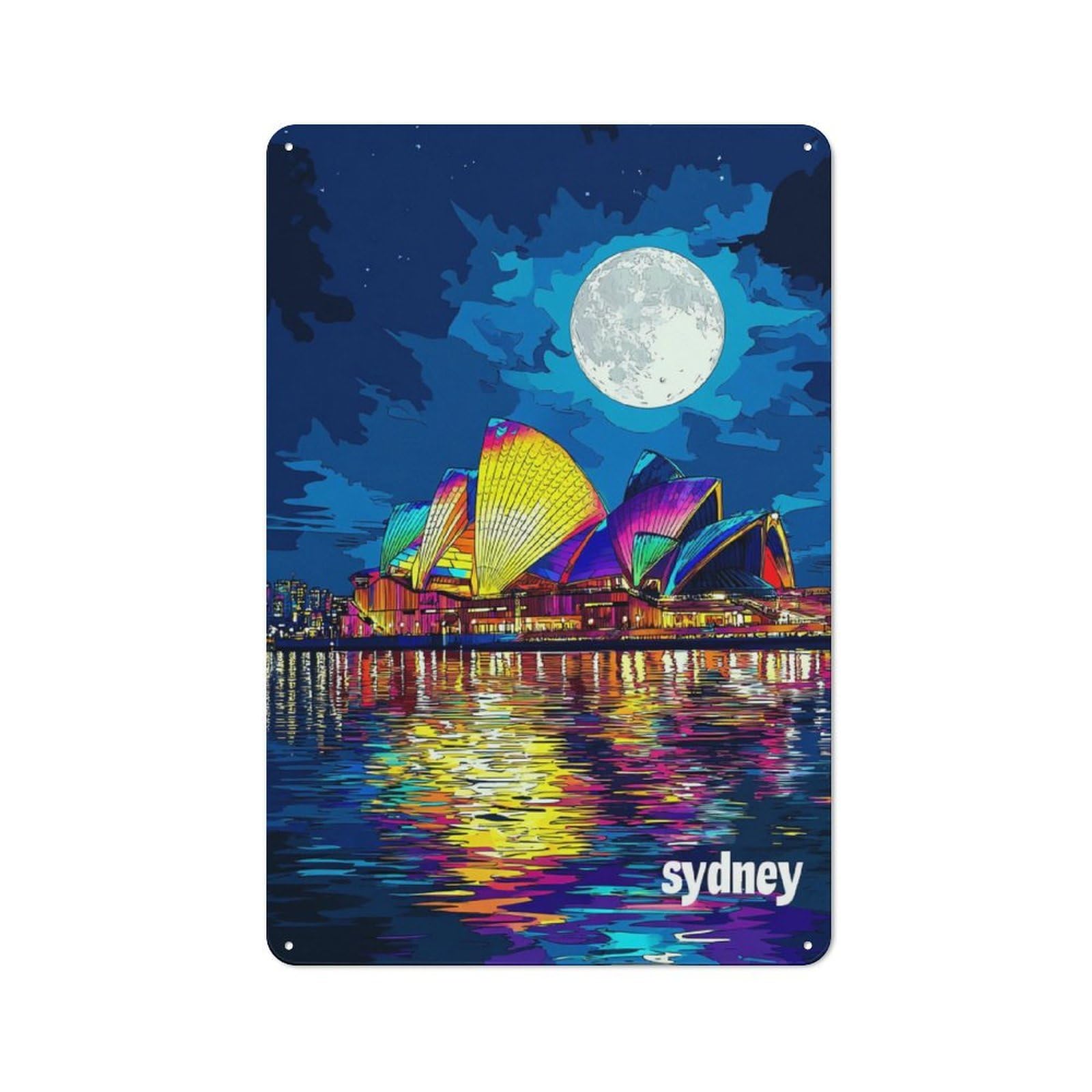 Junmoney Colorful Sydney Opera House Night Tin Wall Plaque 30X20cm With For Workshop Wall, Suited To Makers And Diy Enthusiasts